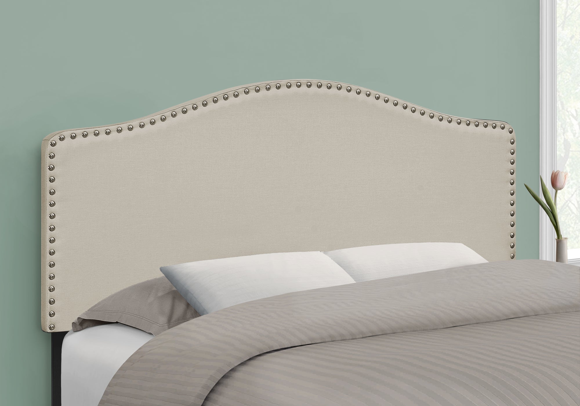 Full Upholstered Headboard Only - Beige Linen Look Transitional Design