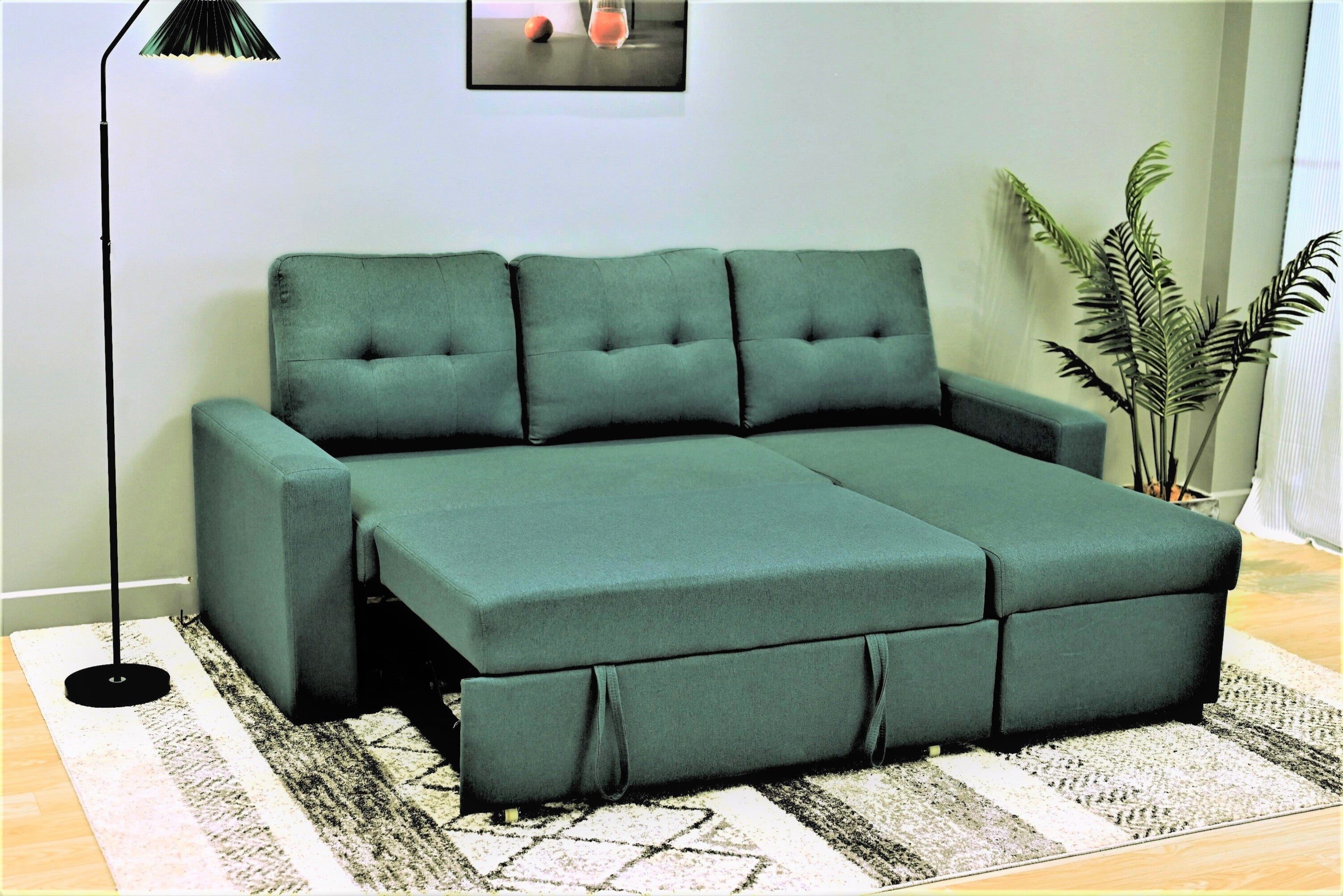 Bluenish Green Convertible L-Shaped Sleeper Sofa for Small Spaces