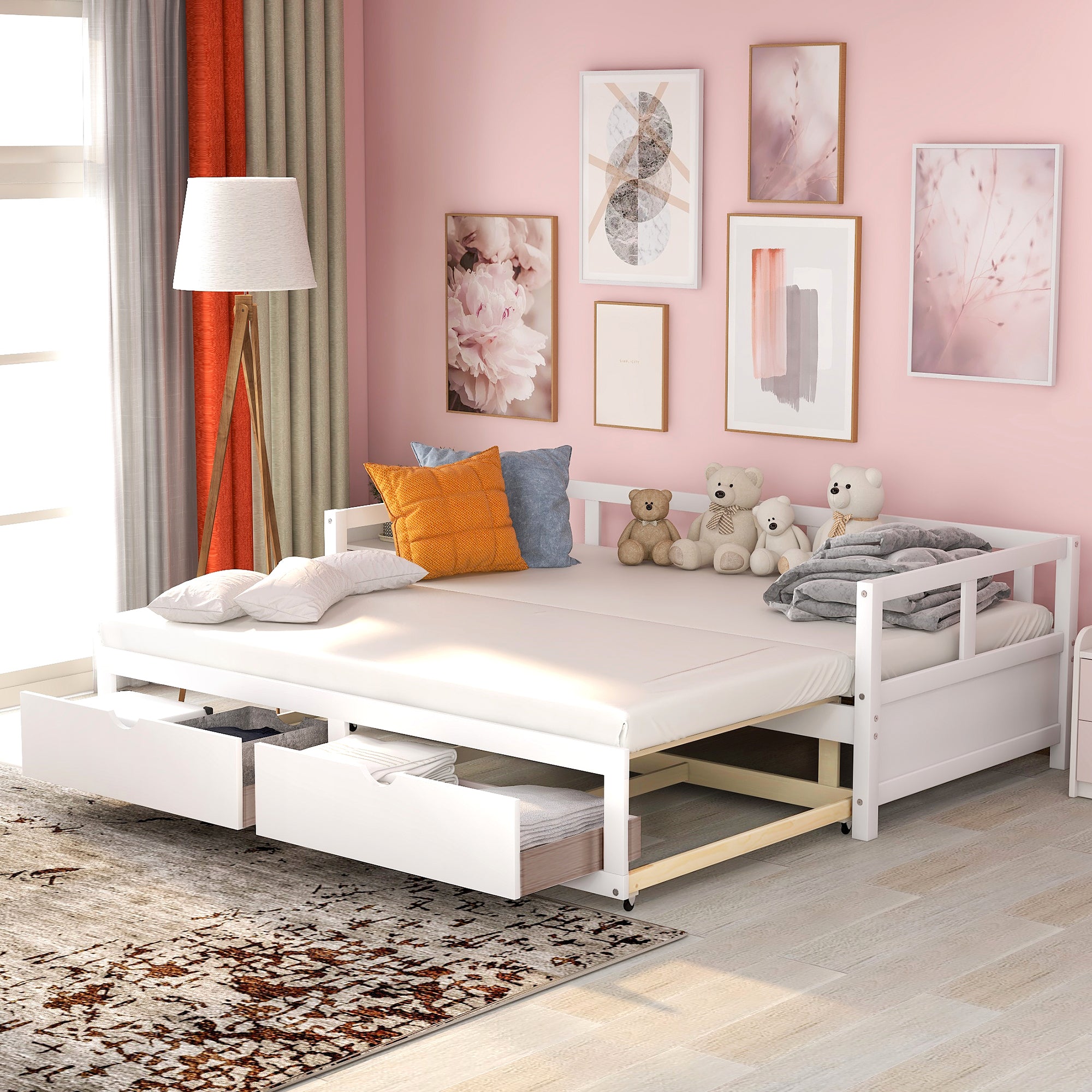 White Wooden Daybed with Trundle, 2 Storage Drawers & Extendable Sofa
