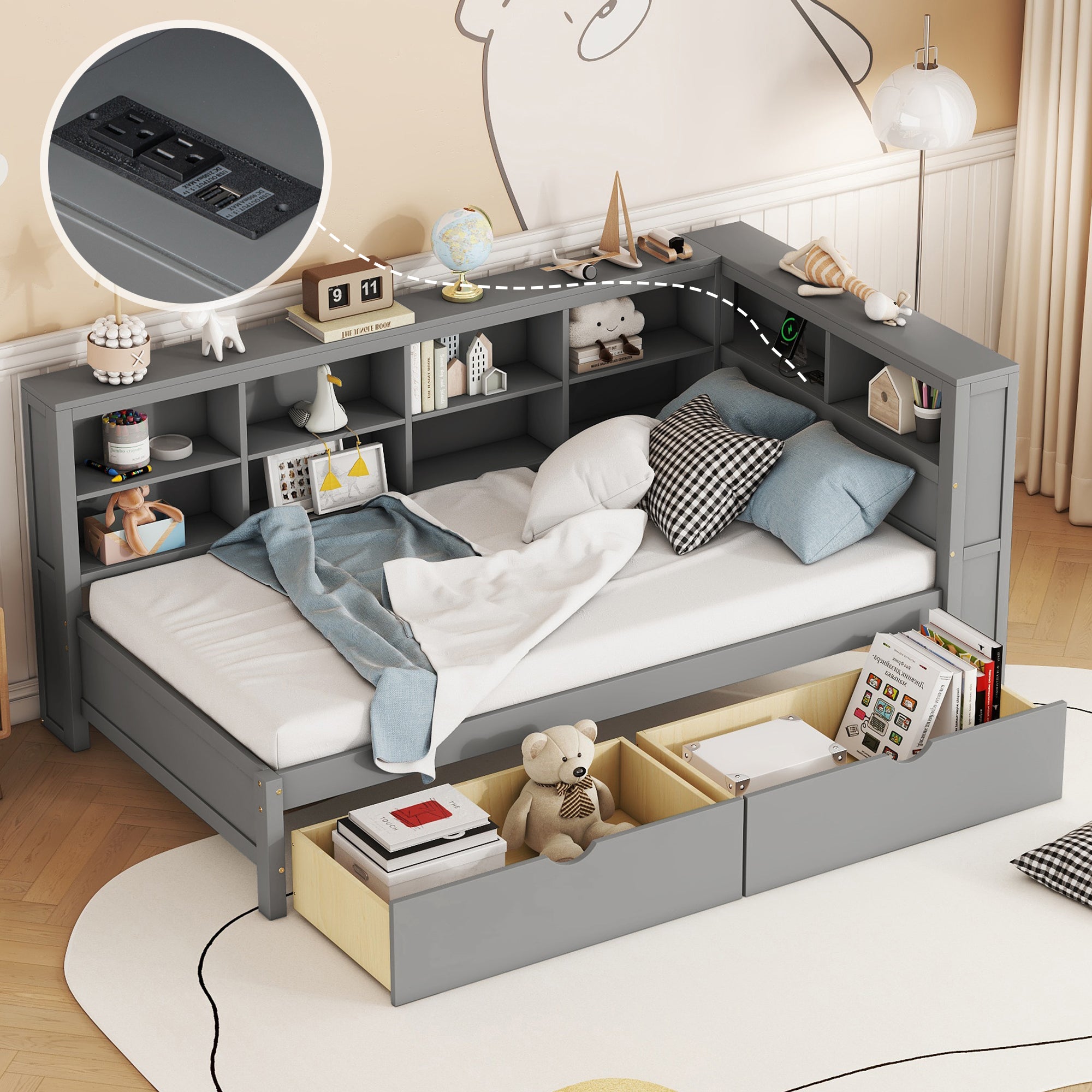 Grey Wooden Twin Daybed with Drawers, Storage Shelf & USB Ports