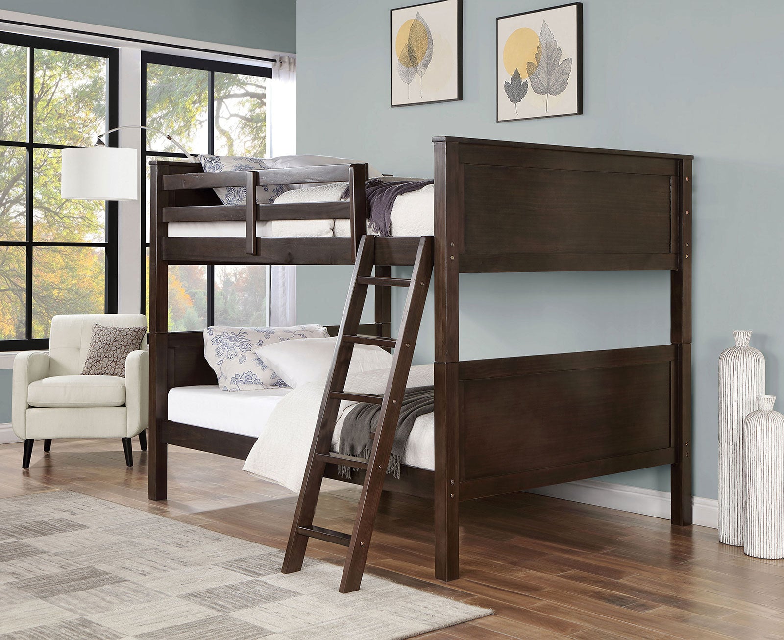 Transitional Full Over Full Bunk Bed with Footboard Ladder - Walnut