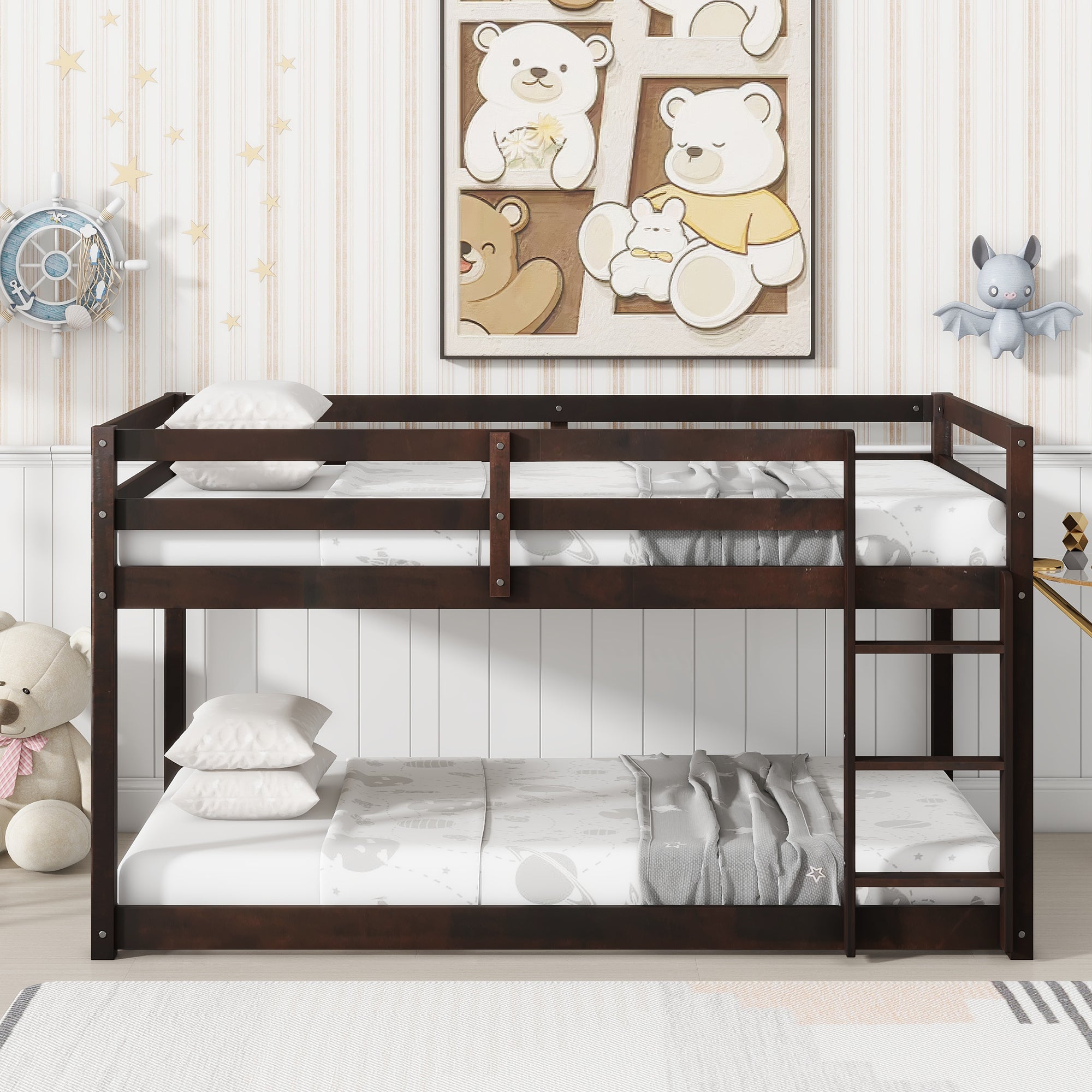 Espresso Solid Wood Twin Over Twin Floor Bunk Bed with Ladder & Slats