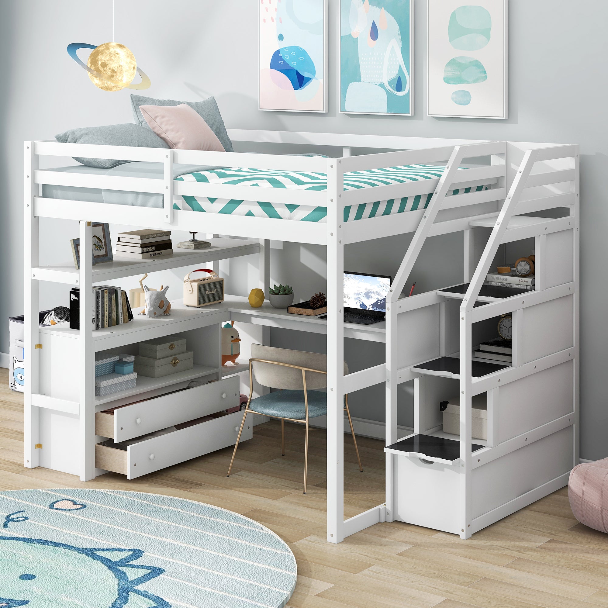 White Full Size Loft Bed: Desk, Shelves, Drawers, Storage Stairs