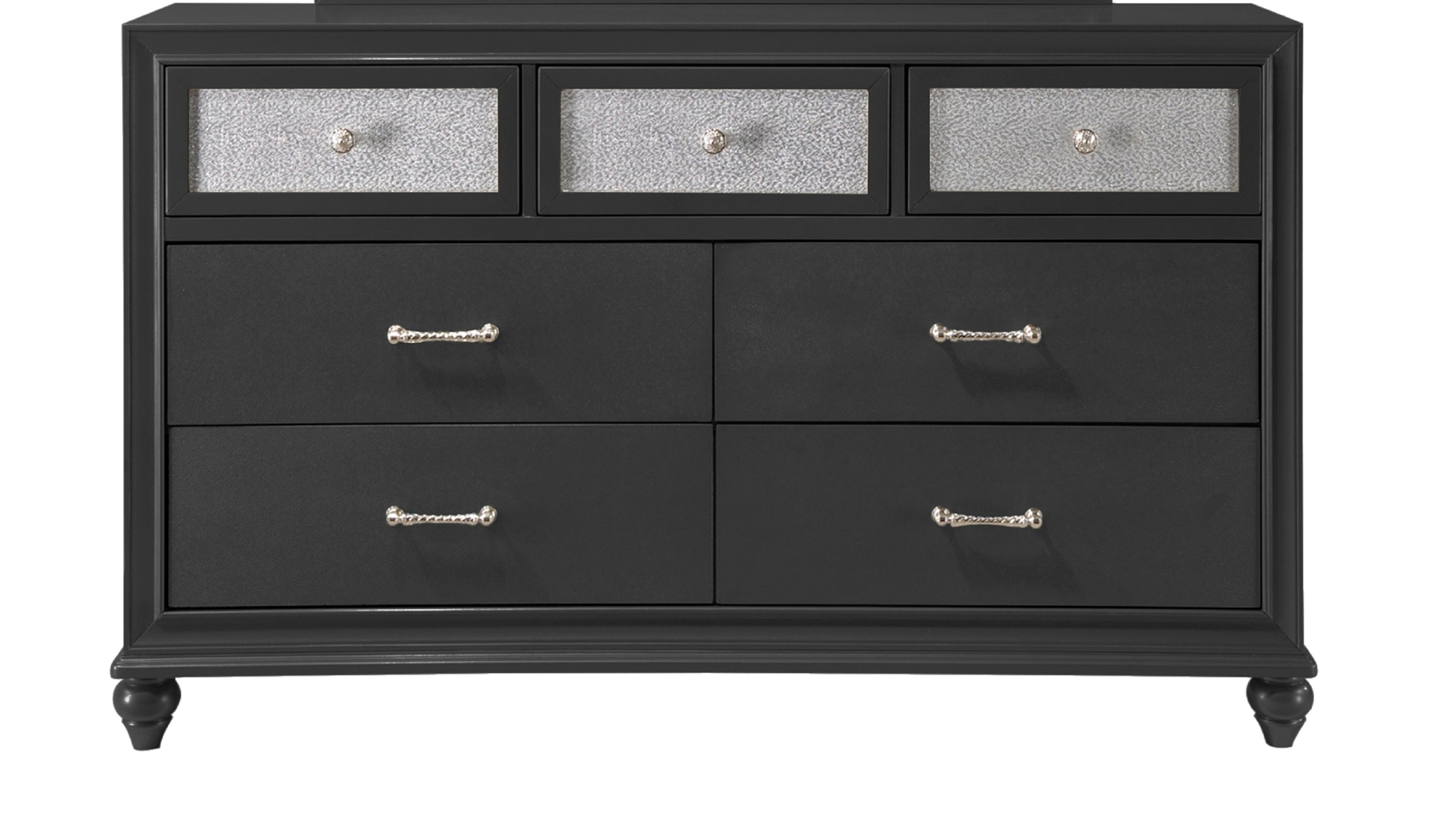 Luxury Glam 7-Drawer Black Wood Dresser w/ Shimmer Accents