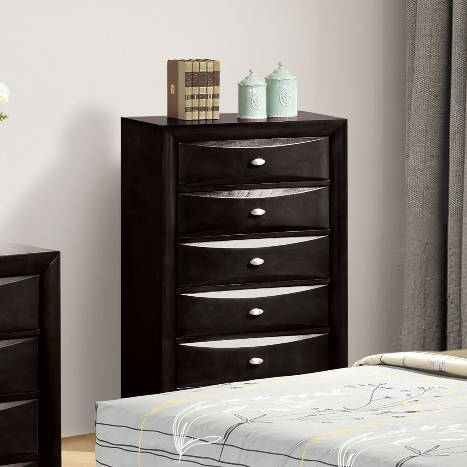 Black 5-Drawer Chest with Oval Knobs - Transitional Bedroom