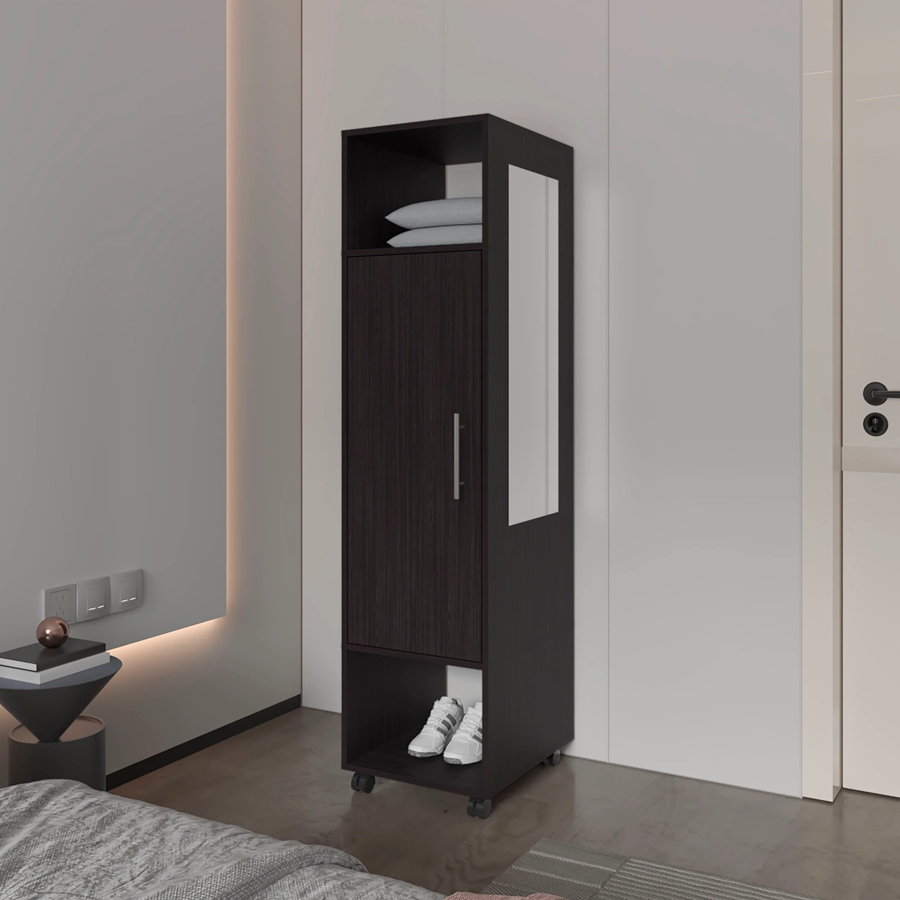 Wenge 1-Door Wardrobe: Mirror & Open Storage