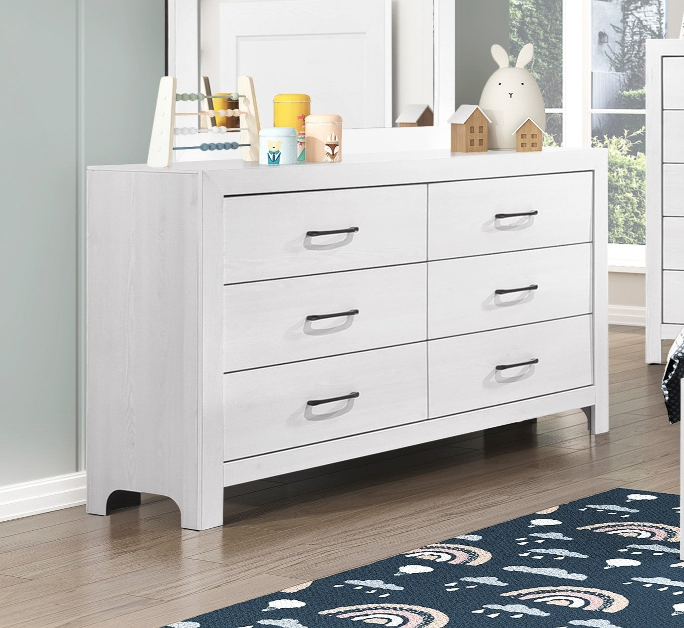 Modern White 6-Drawer Dresser with Black Hardware