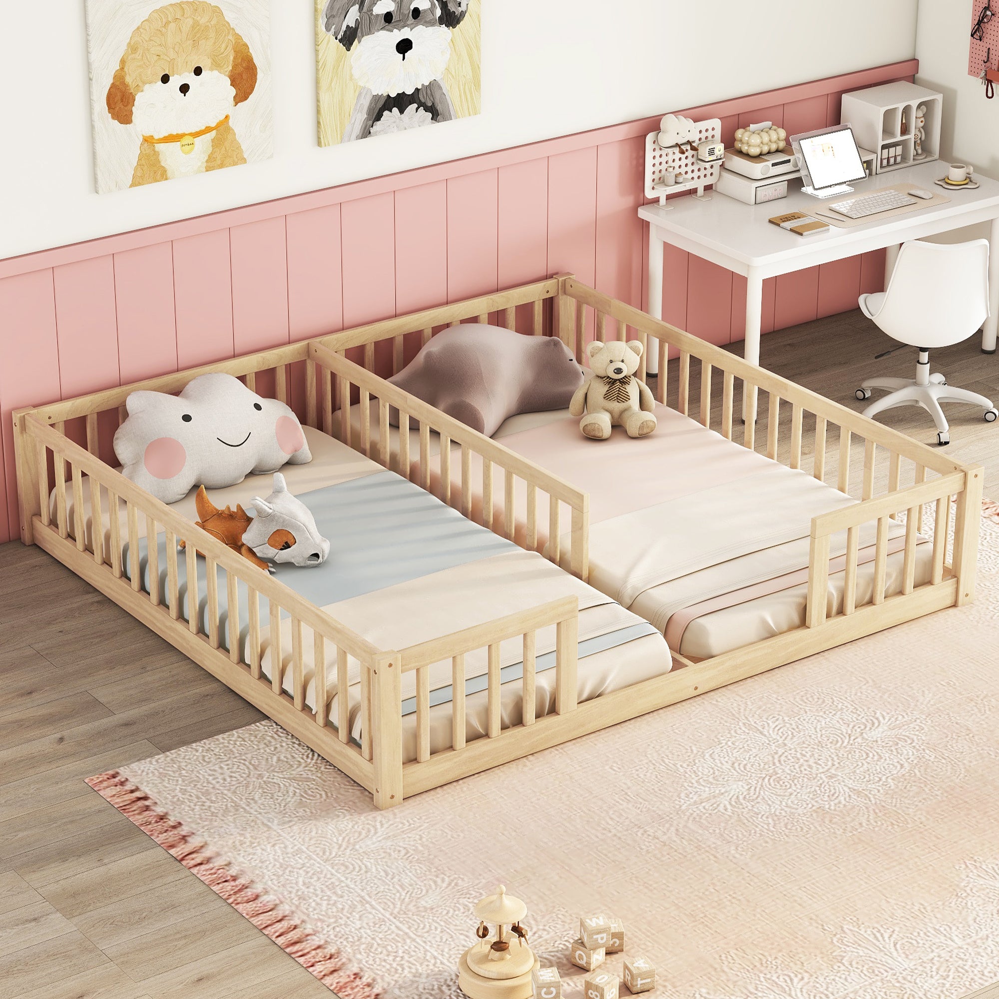 Twin Double Bed w/Fence & Guardrails, Natural