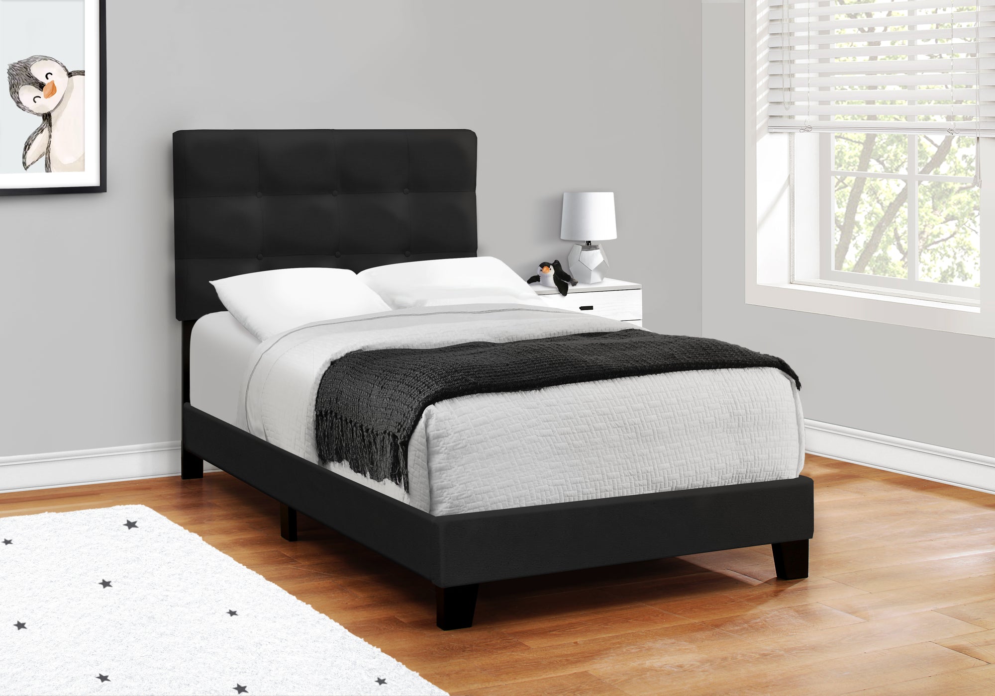 Transitional Black Velvet Upholstered Twin Bed Frame for Youth & Teen