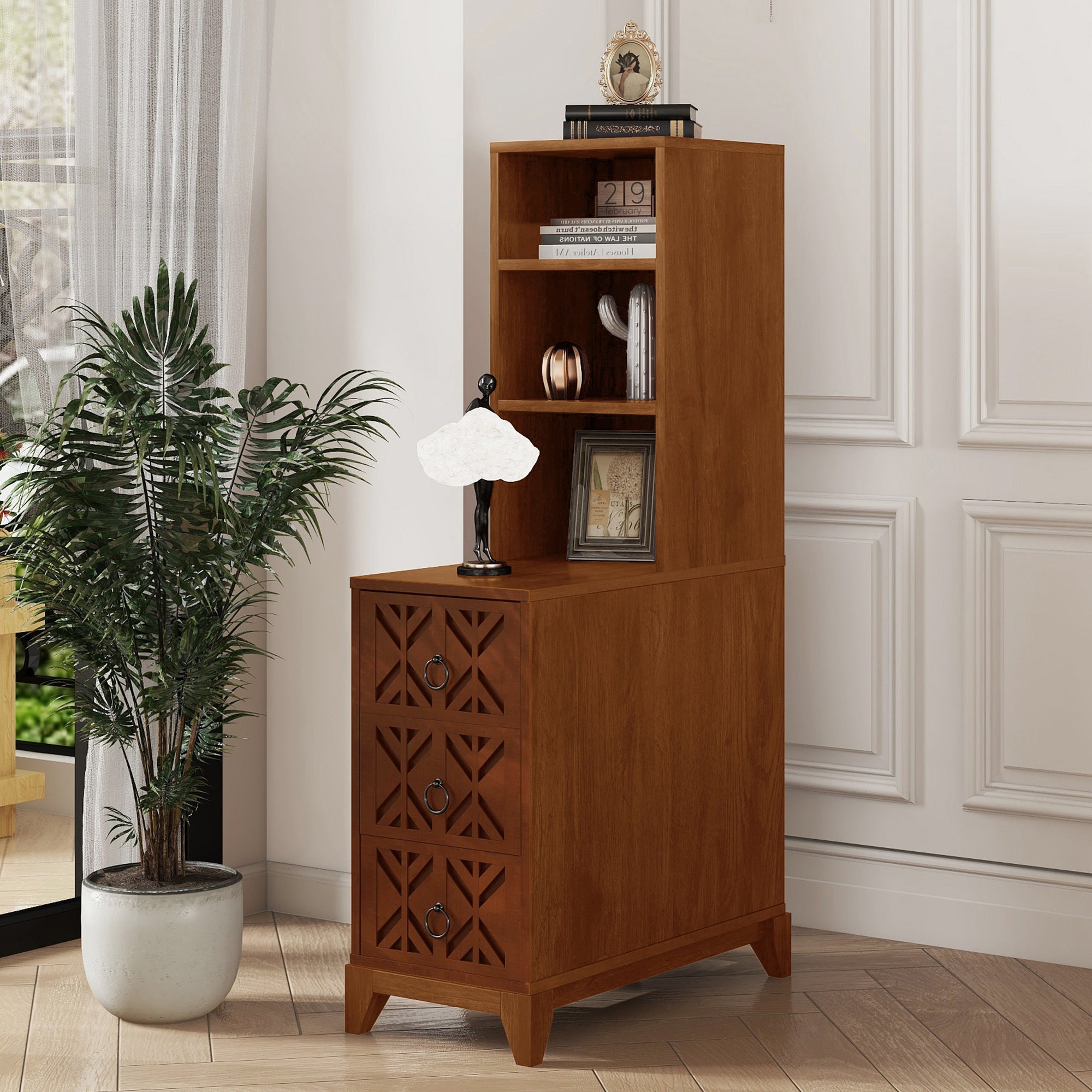 Walnut Tall End Table: 3 Drawers & 2 Shelves for Bedroom Corner
