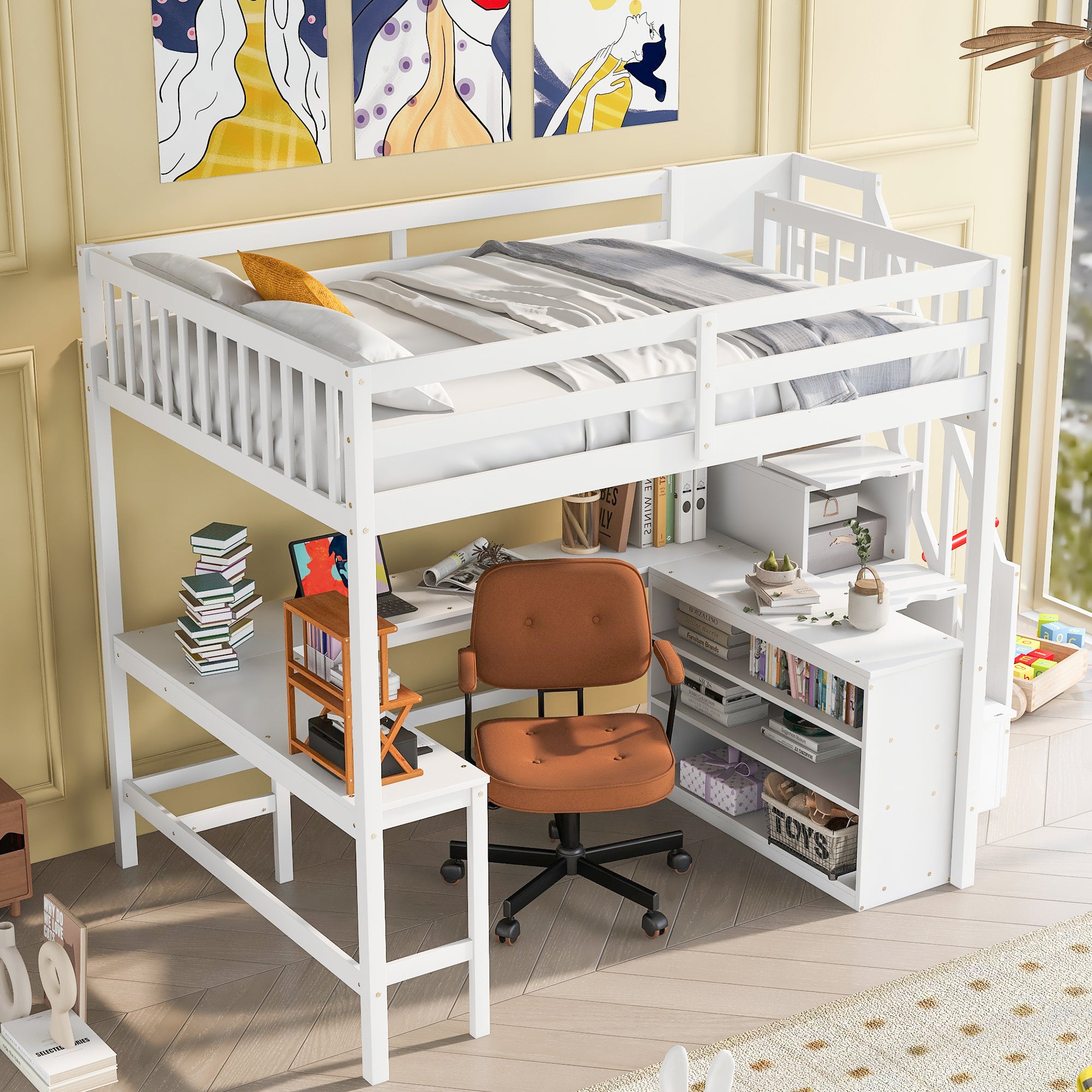 White Full Size Loft Bed with L-Shaped Desk, Storage Shelves & Staircase
