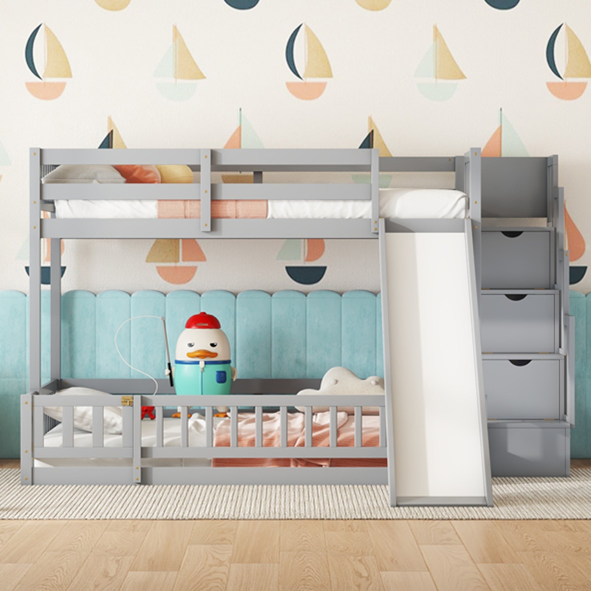 Grey Twin Over Full Bunk Bed with Slide, Storage Stairs, Pine Wood Safe