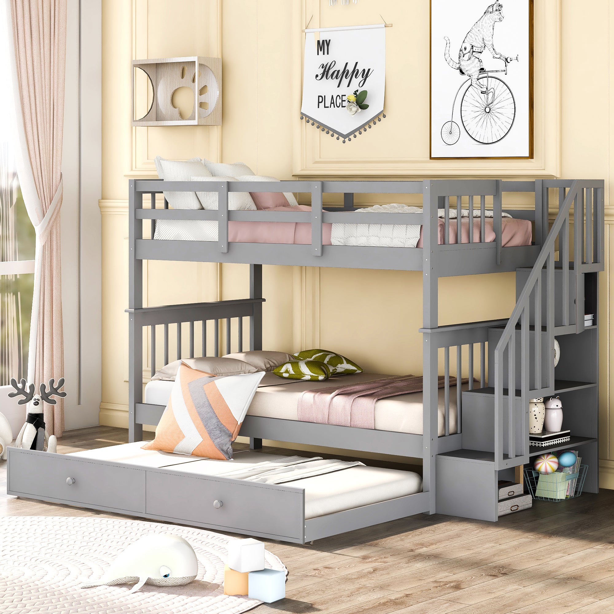 Gray Twin-Over-Twin Bunk Bed with Trundle & Stairway for Adults, Dorms