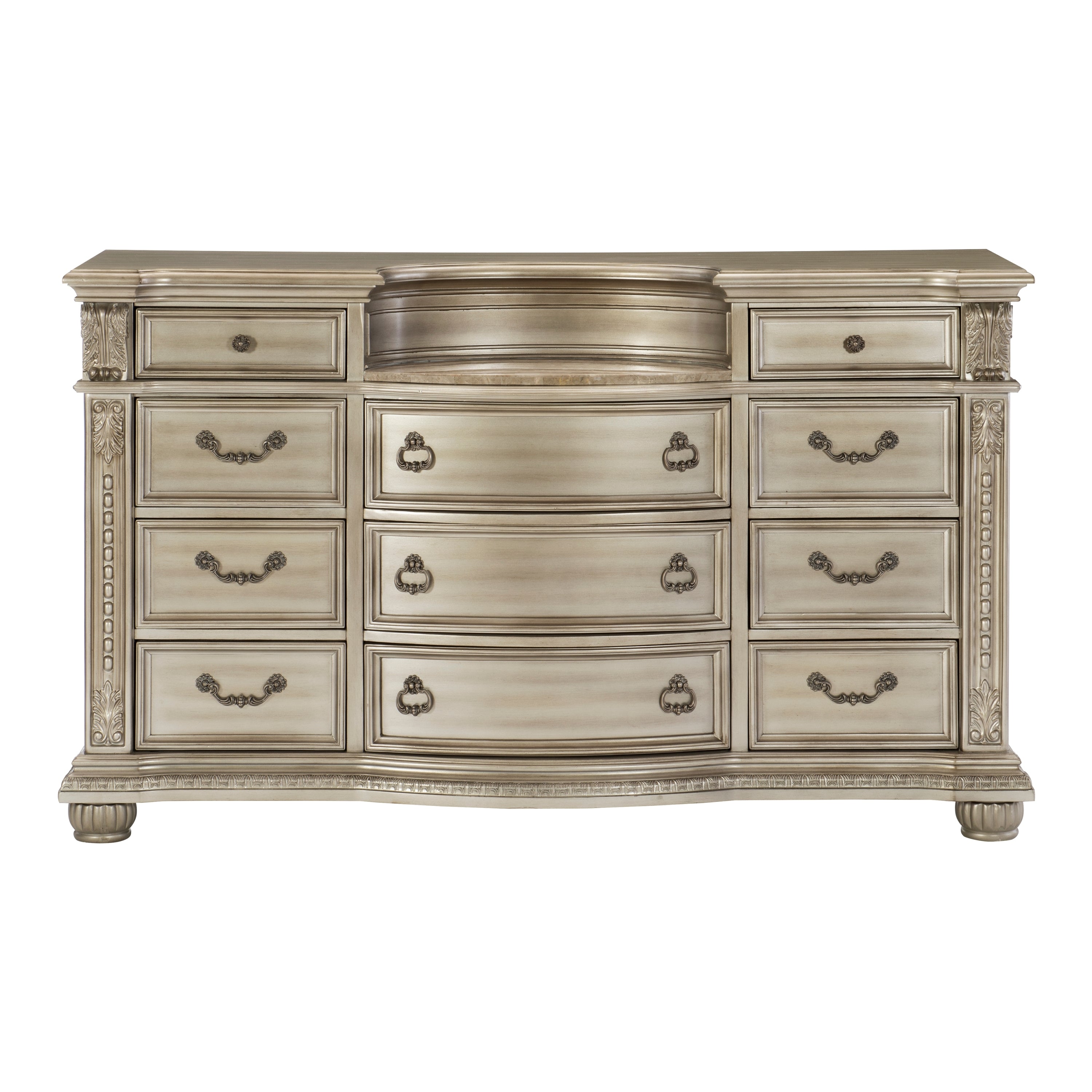 Silver European Luxury 11-Drawer Marble Dresser
