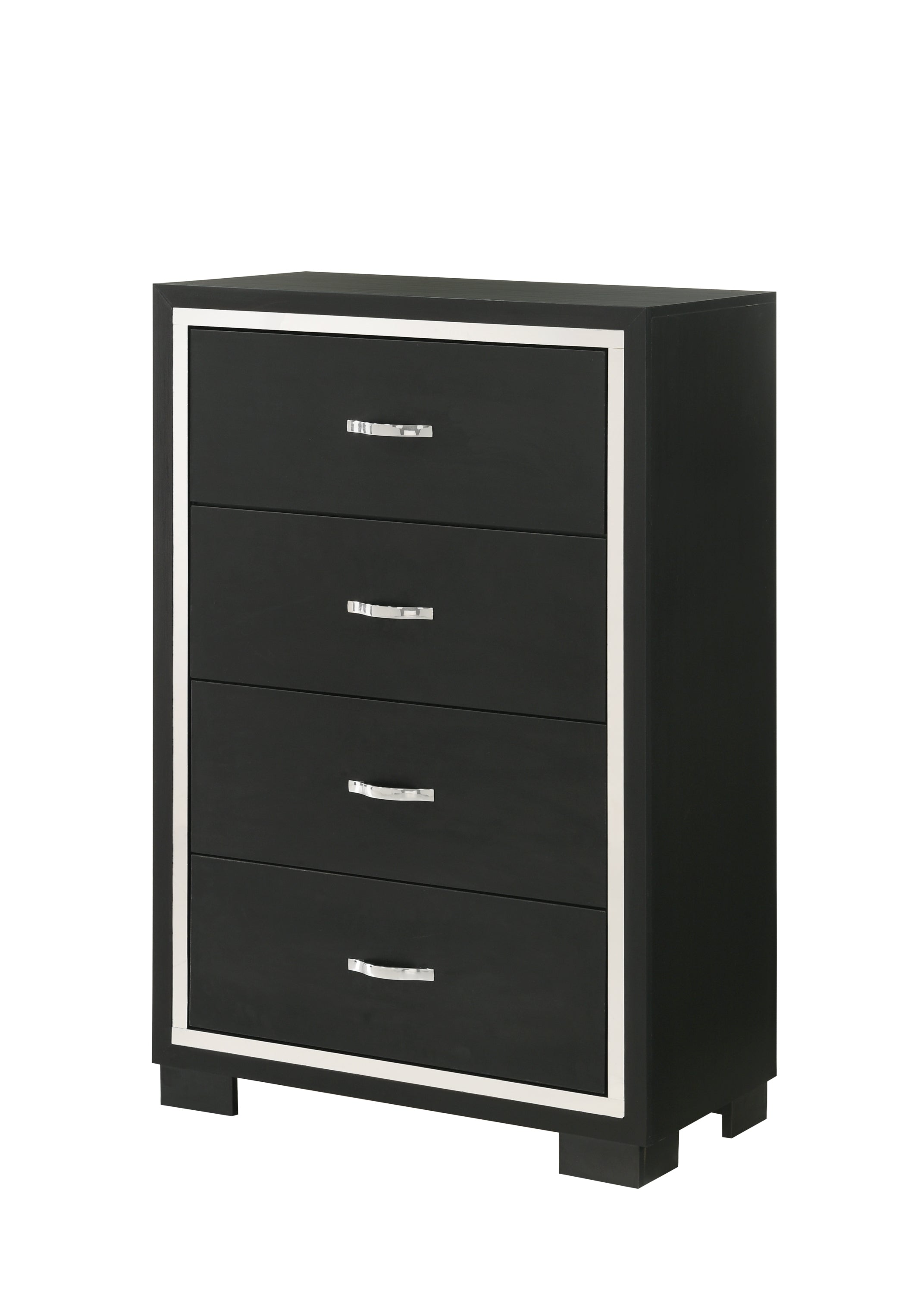 Modern Glam Black 4-Drawer Chest, Sleek Metal Handles, Wood