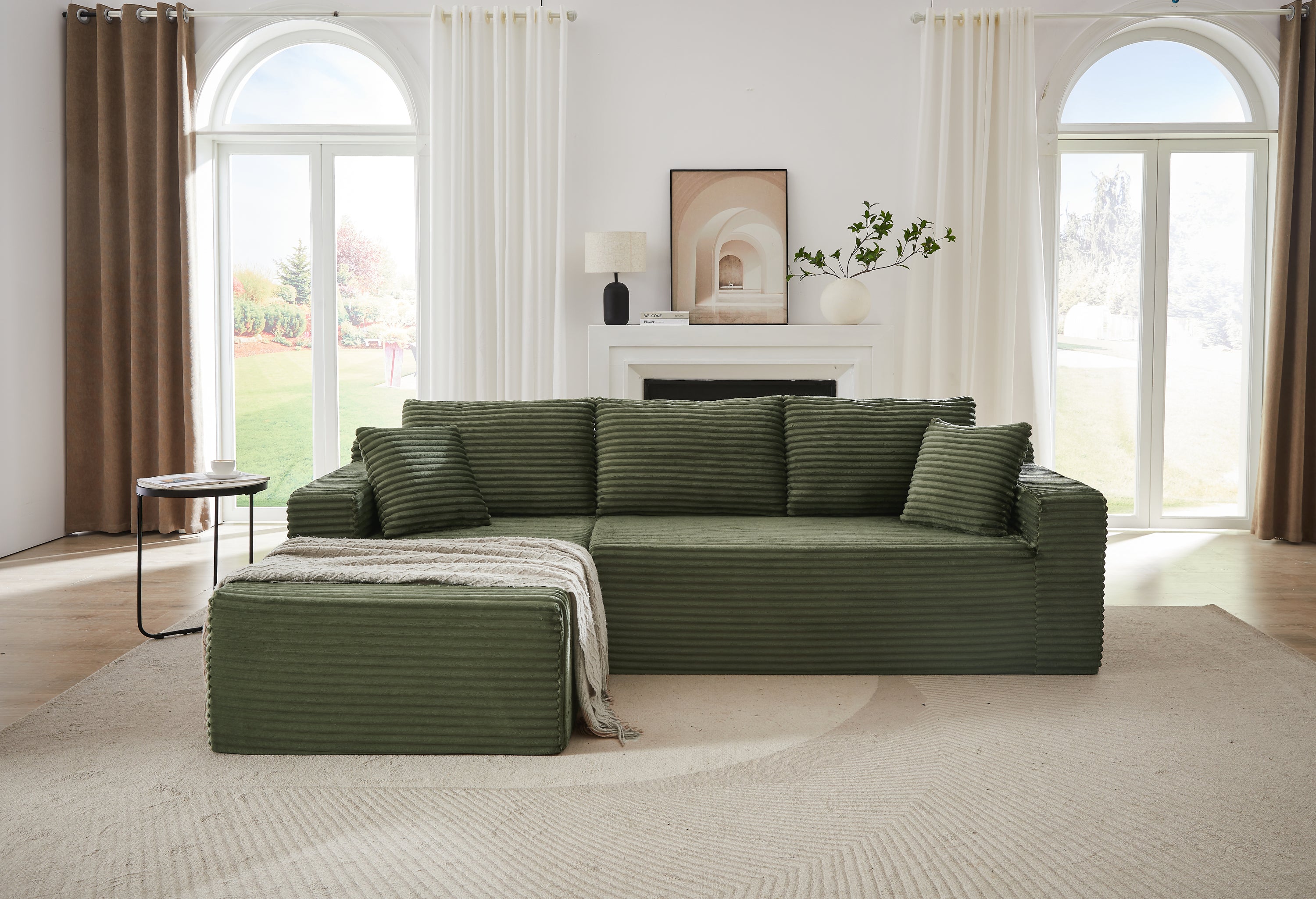 Green L-Shaped Cloud Sectional Deep Seat Sleeper Sofa