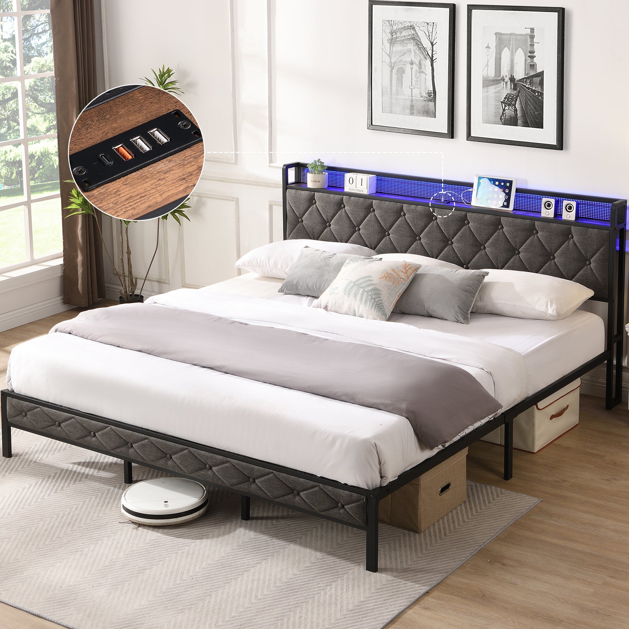 King Upholstered Platform Bed Frame: Storage, LED, Charging Station