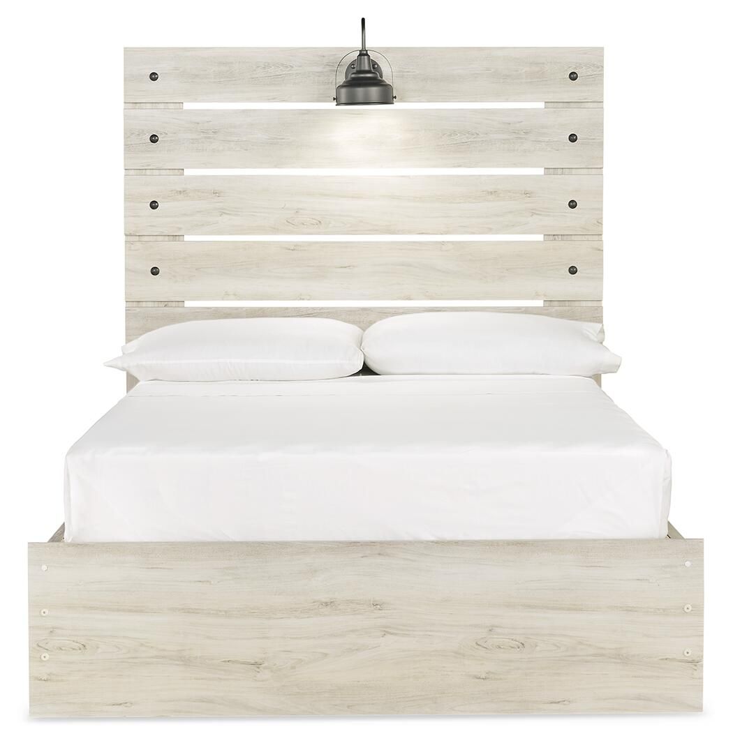 Beige panel bed with white mattress, slatted headboard, no visible front drawers