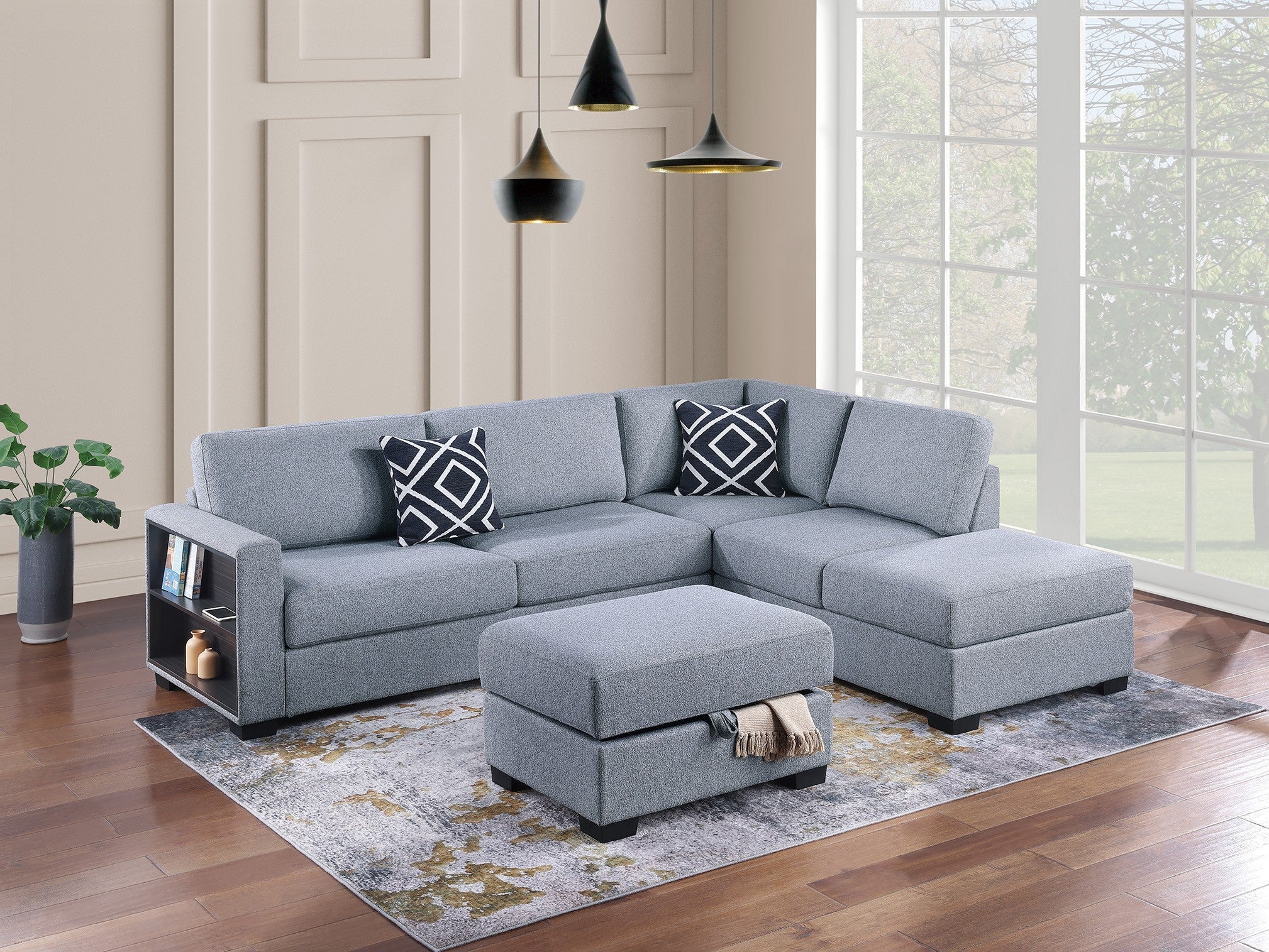 3-Pc Reversible Sectional Sofa with Storage Ottoman & Shelf