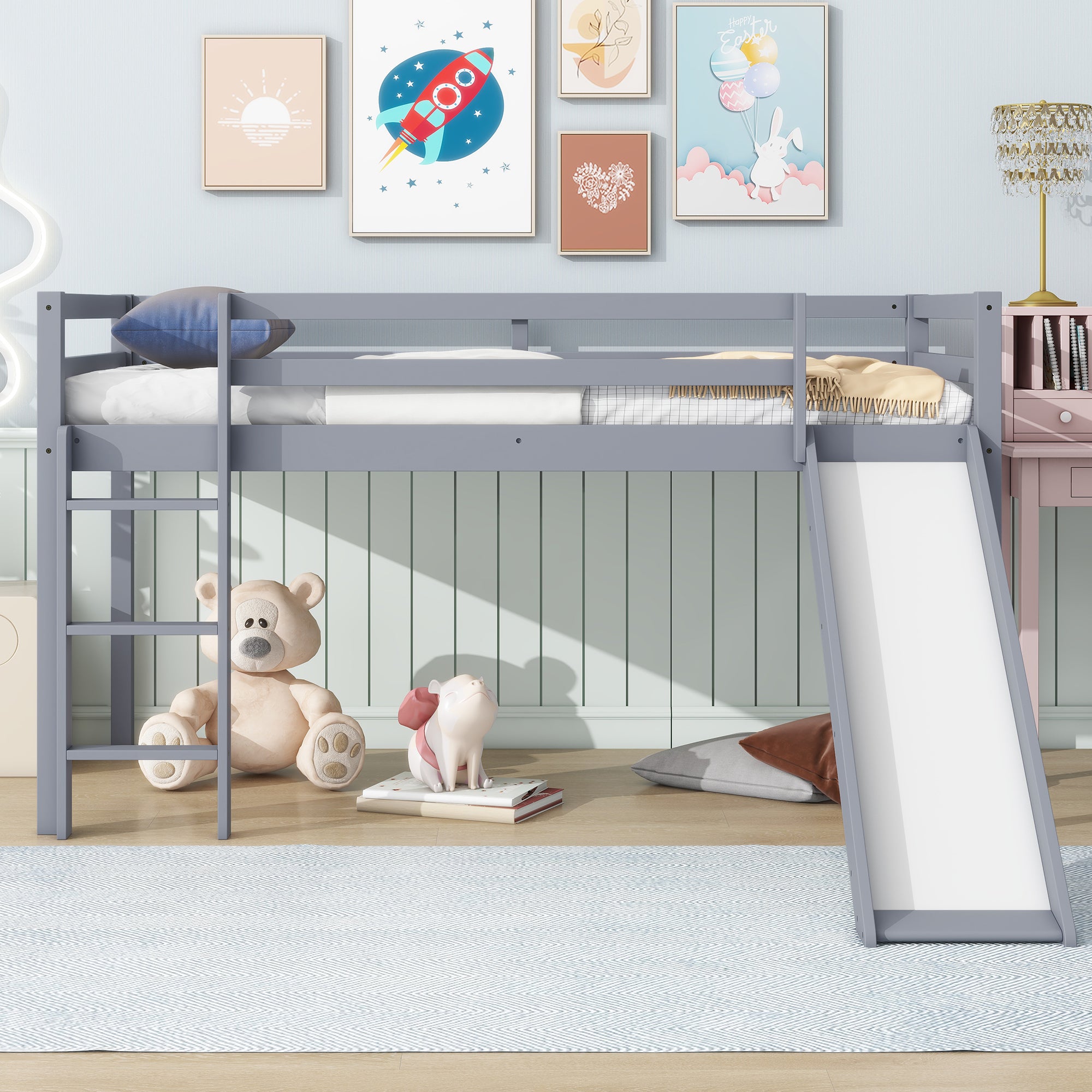 Kids Grey Twin Low Loft Bed with Slide, Ladder & Safety Guardrails