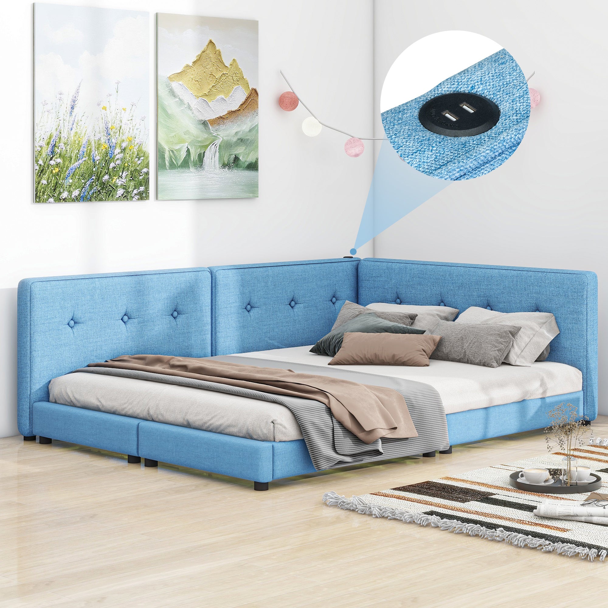 Blue Upholstered Queen Platform Bed with USB Charging Ports