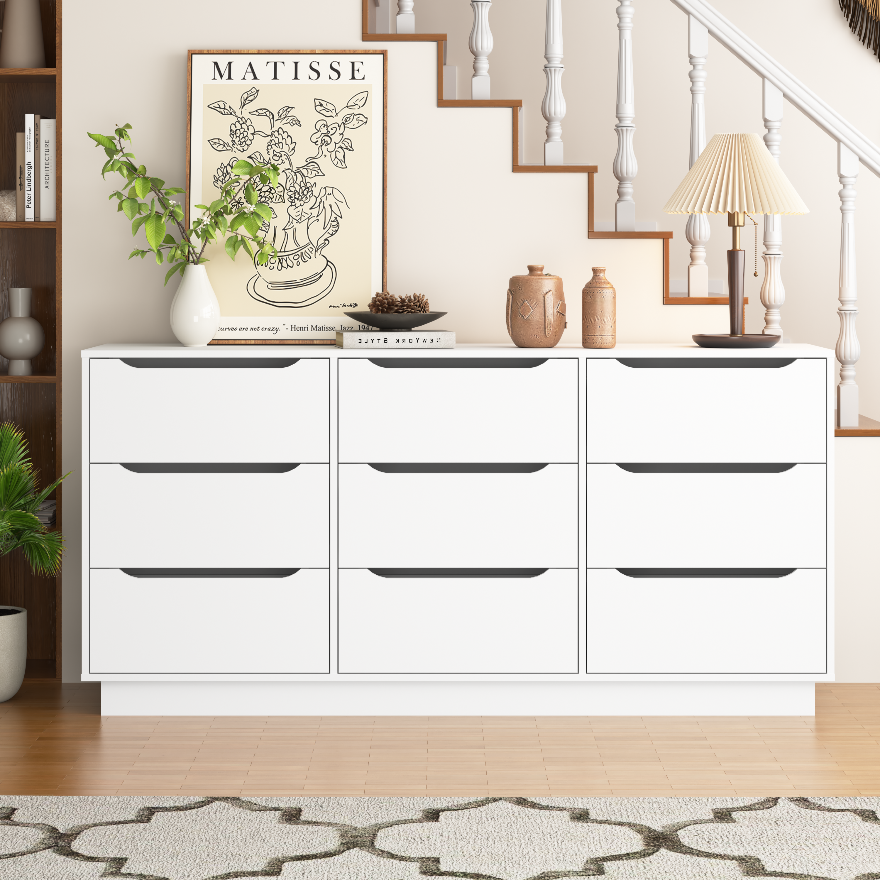 Modern White 9-Drawer Wood Dresser for Bedroom Deep Drawers
