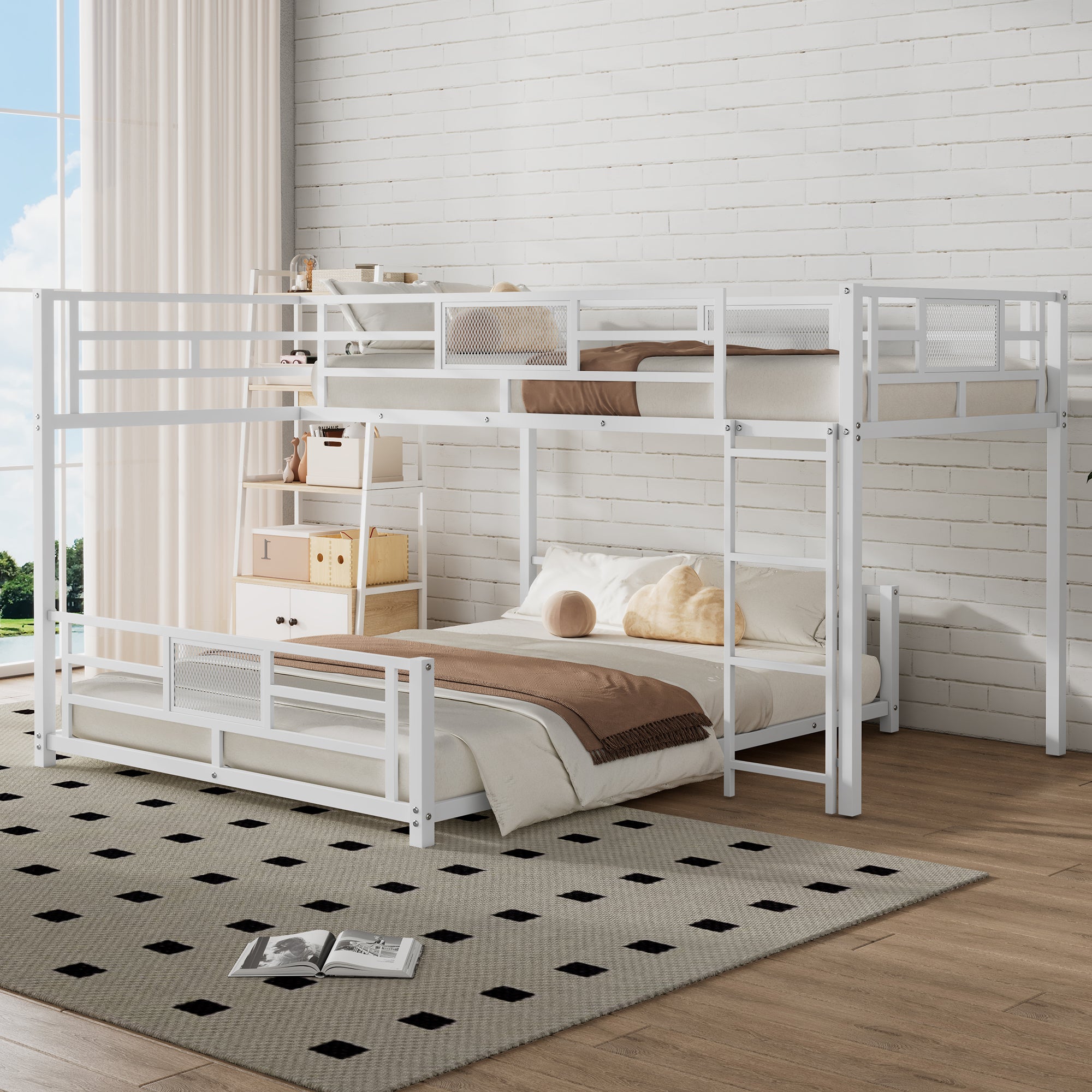 White L-Shaped Metal Twin over Full Bunk Bed - Space Saving Design