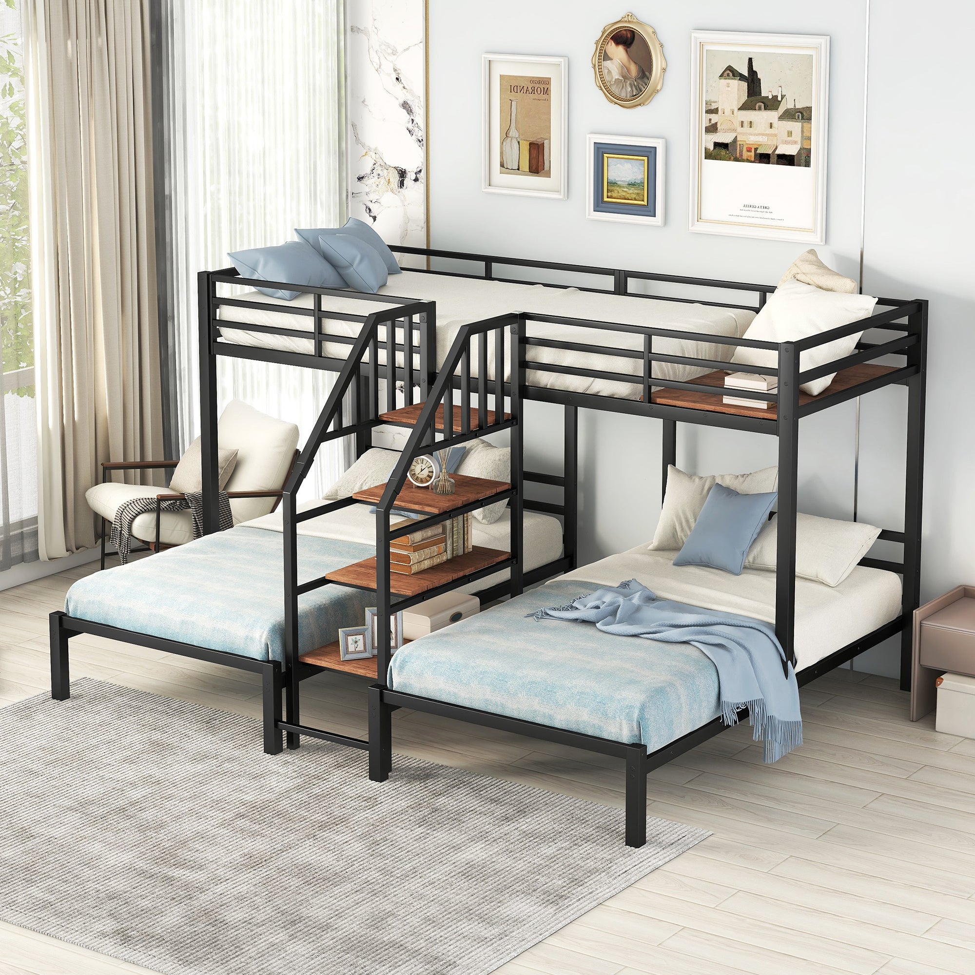 Metal Triple Twin Bunk Bed with Storage Staircase, Black