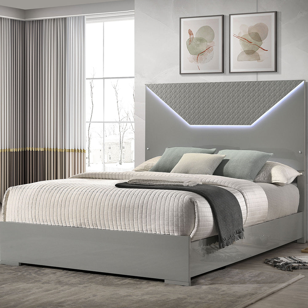 Pierce Grey High Gloss Queen Panel Bed LED Headboard