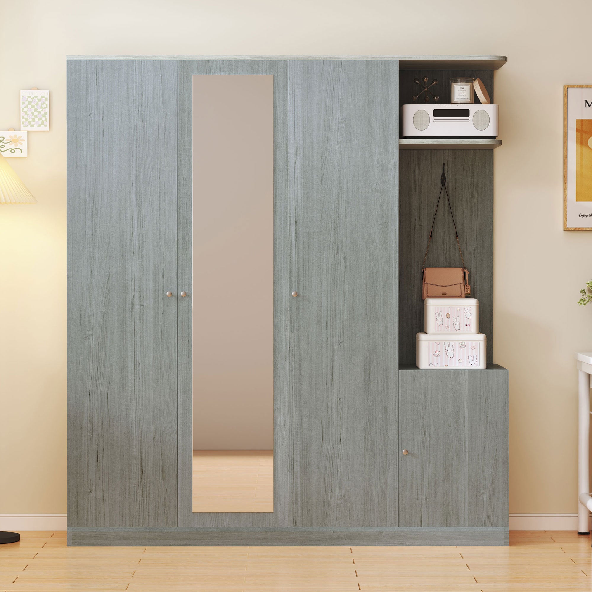 Gray 4-Door Wardrobe: Shelves, Drawers & Full Mirror