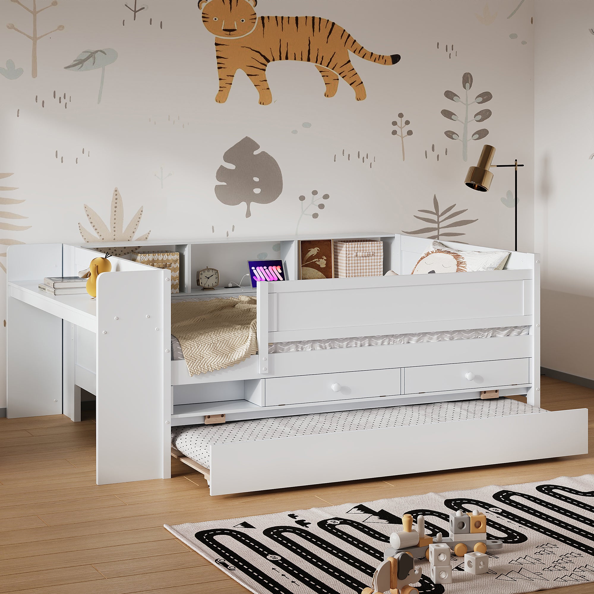 Multi-Functional Twin Daybed with Trundle, Storage, USB, White