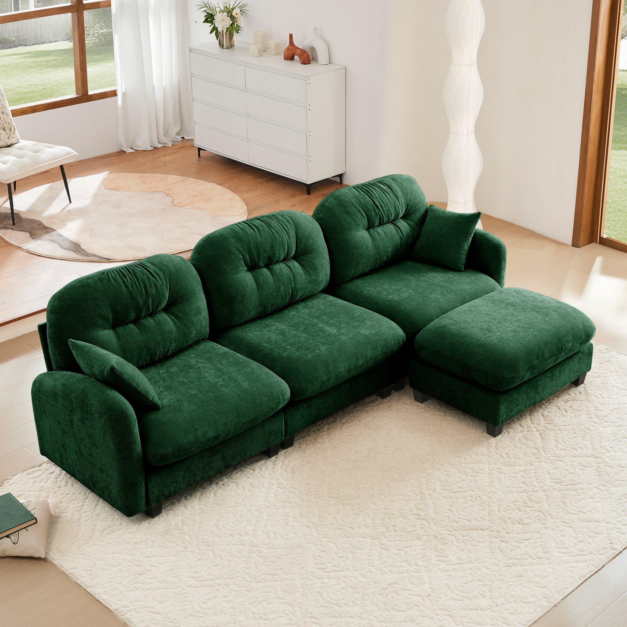 Green Modular L-Shaped Sectional Sofa Ottoman Chenille