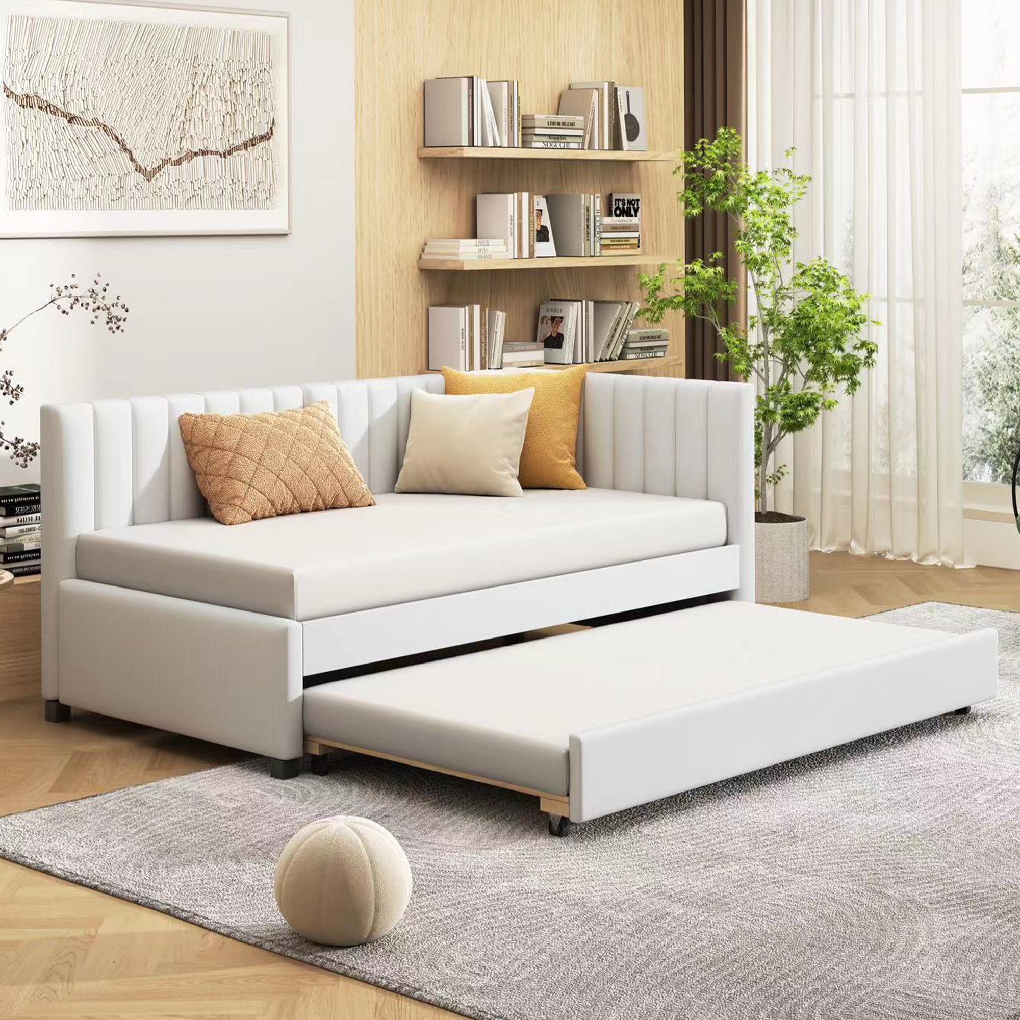 Twin Upholstered Daybed with Trundle Sofa Bed - No Box Spring Needed