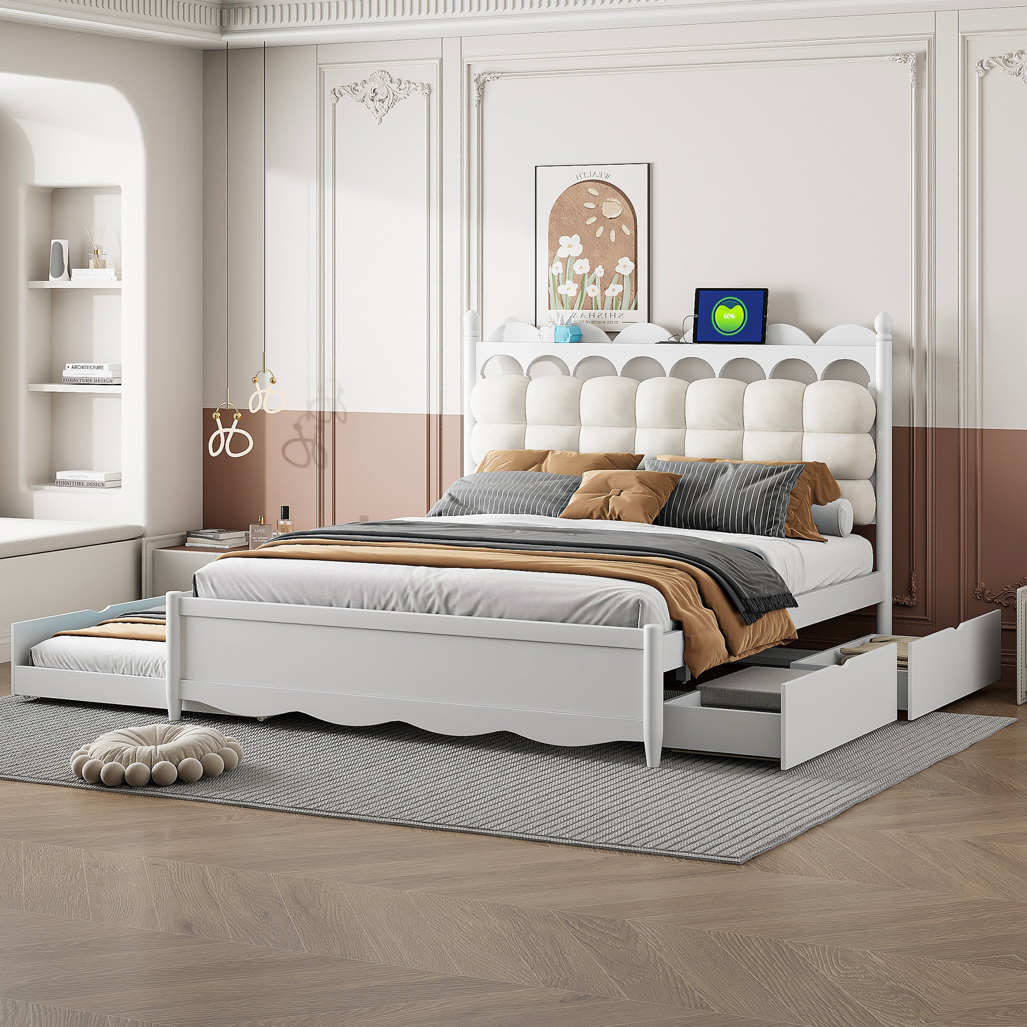 Queen Size White Wood Platform Bed w/ Drawers, Trundle, USB