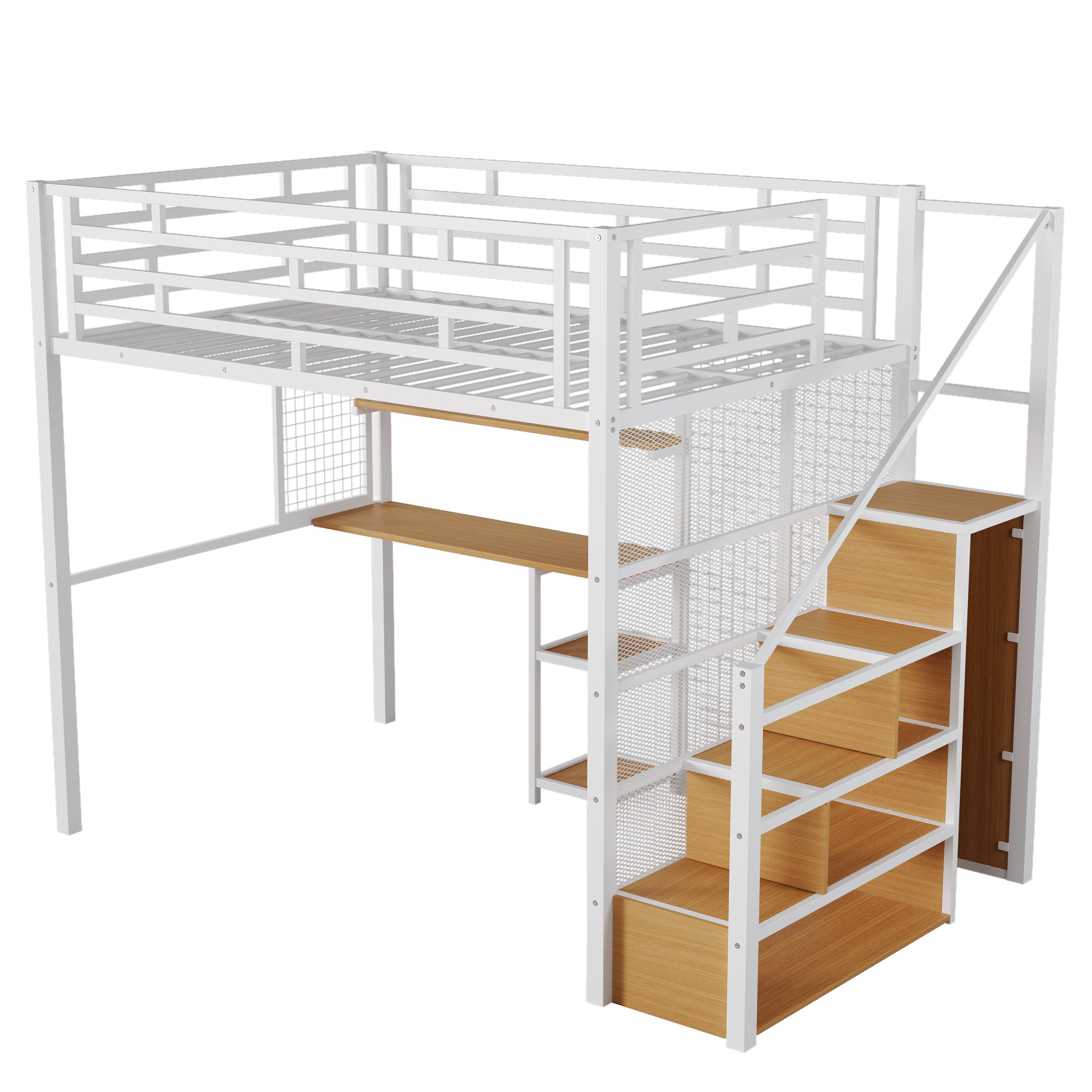 Modern Full Size Metal Loft Bed with Desk, Wardrobe & Storage - White