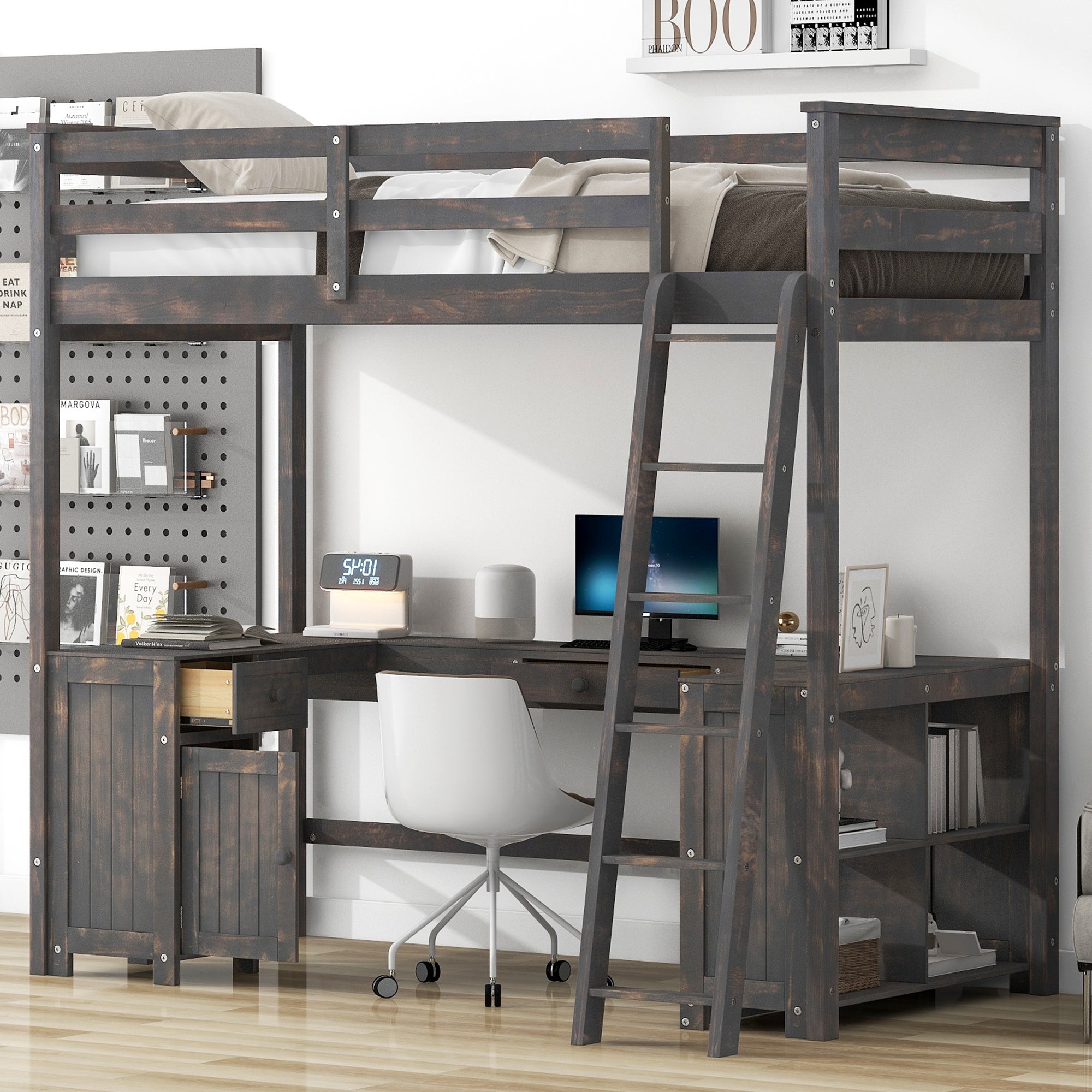 Twin Loft Bed with U-shaped Desk, Drawers & Storage - Antique Brown