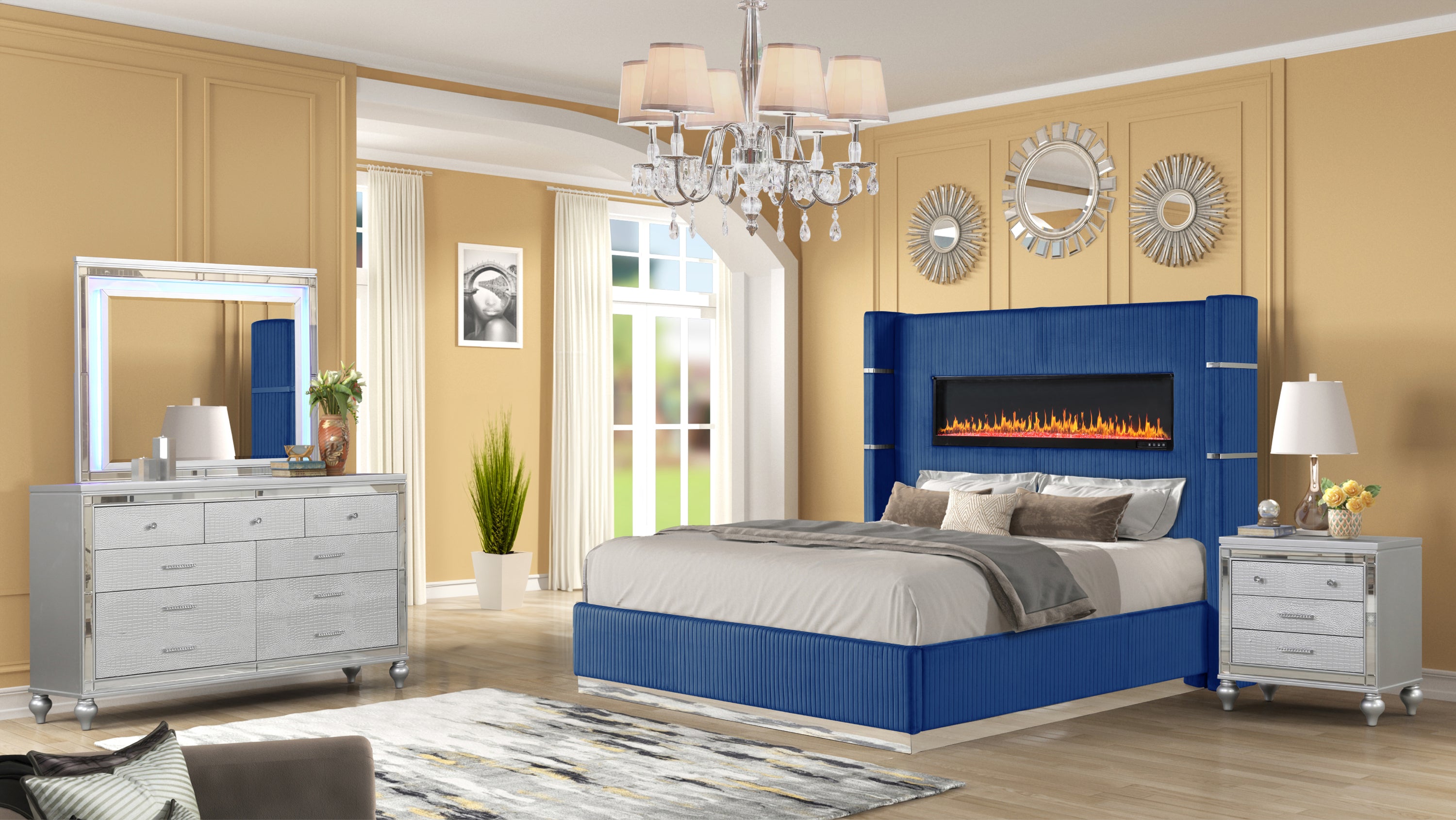Stylish Modern Blue King 4-Pc Upholstered Wood Fireplace Bedroom Set