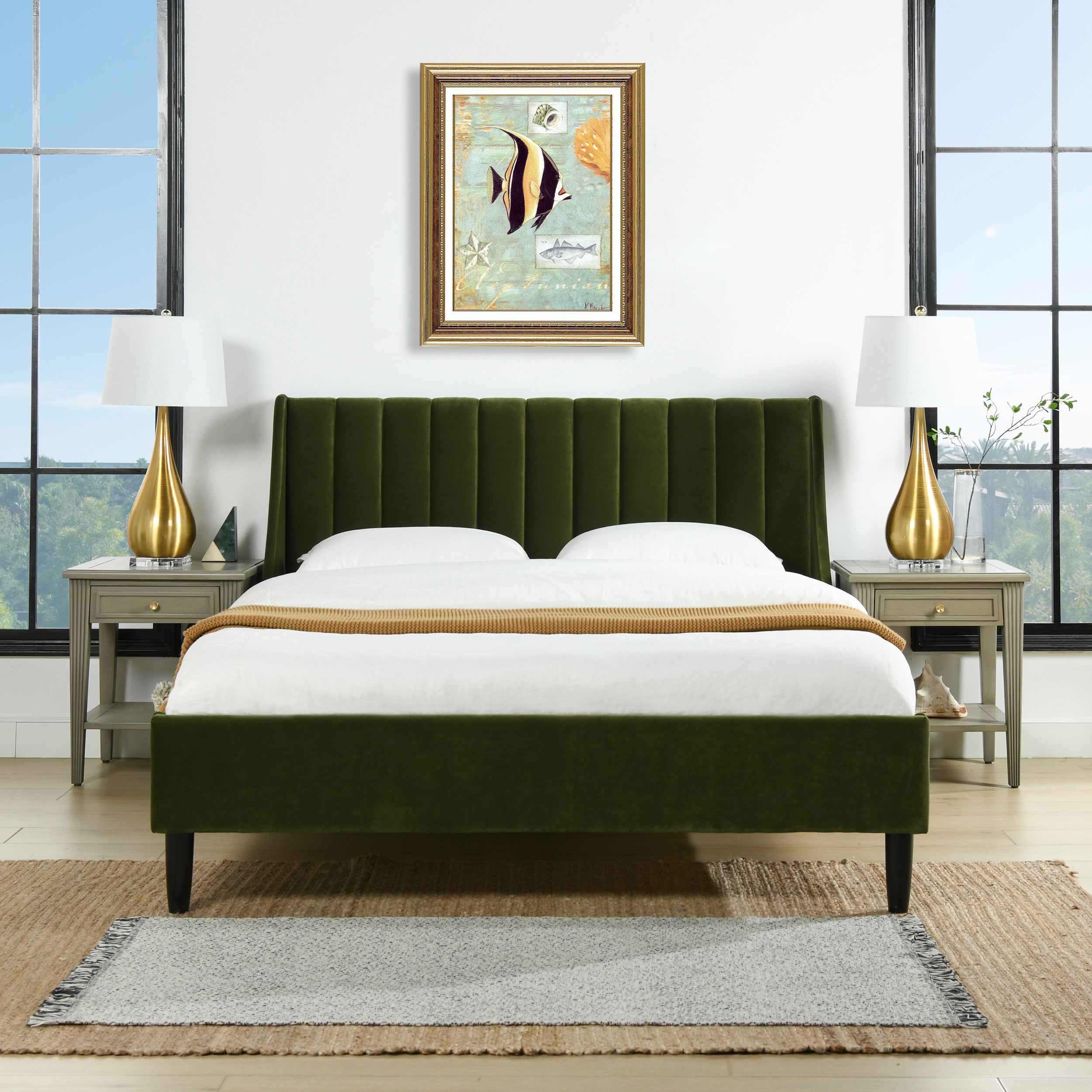Aspen Queen Olive Green Velvet Tufted Platform Bed Set