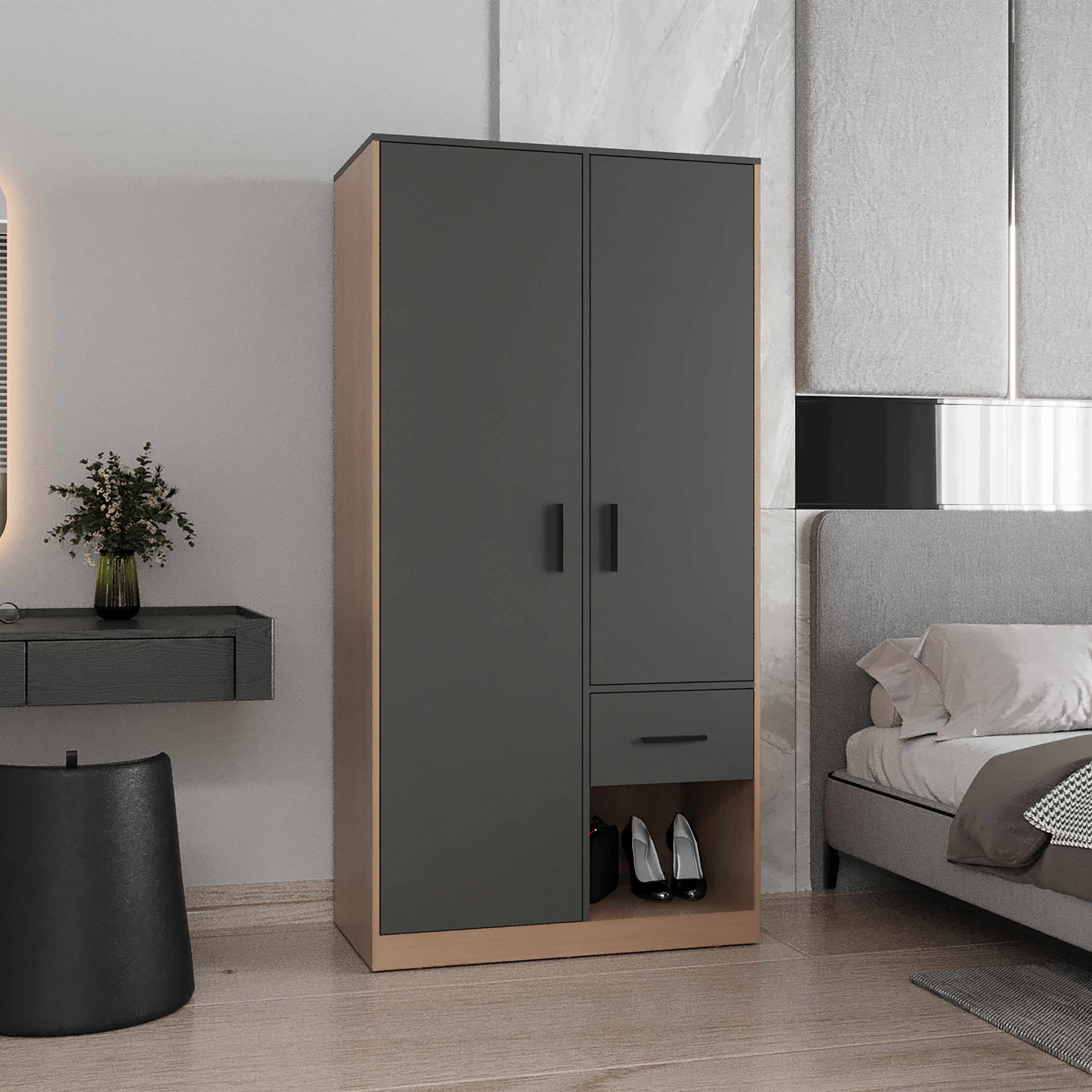 Armoire 70.9"H: Gray/Oak 2-Door, 1-Drawer Bedroom Storage