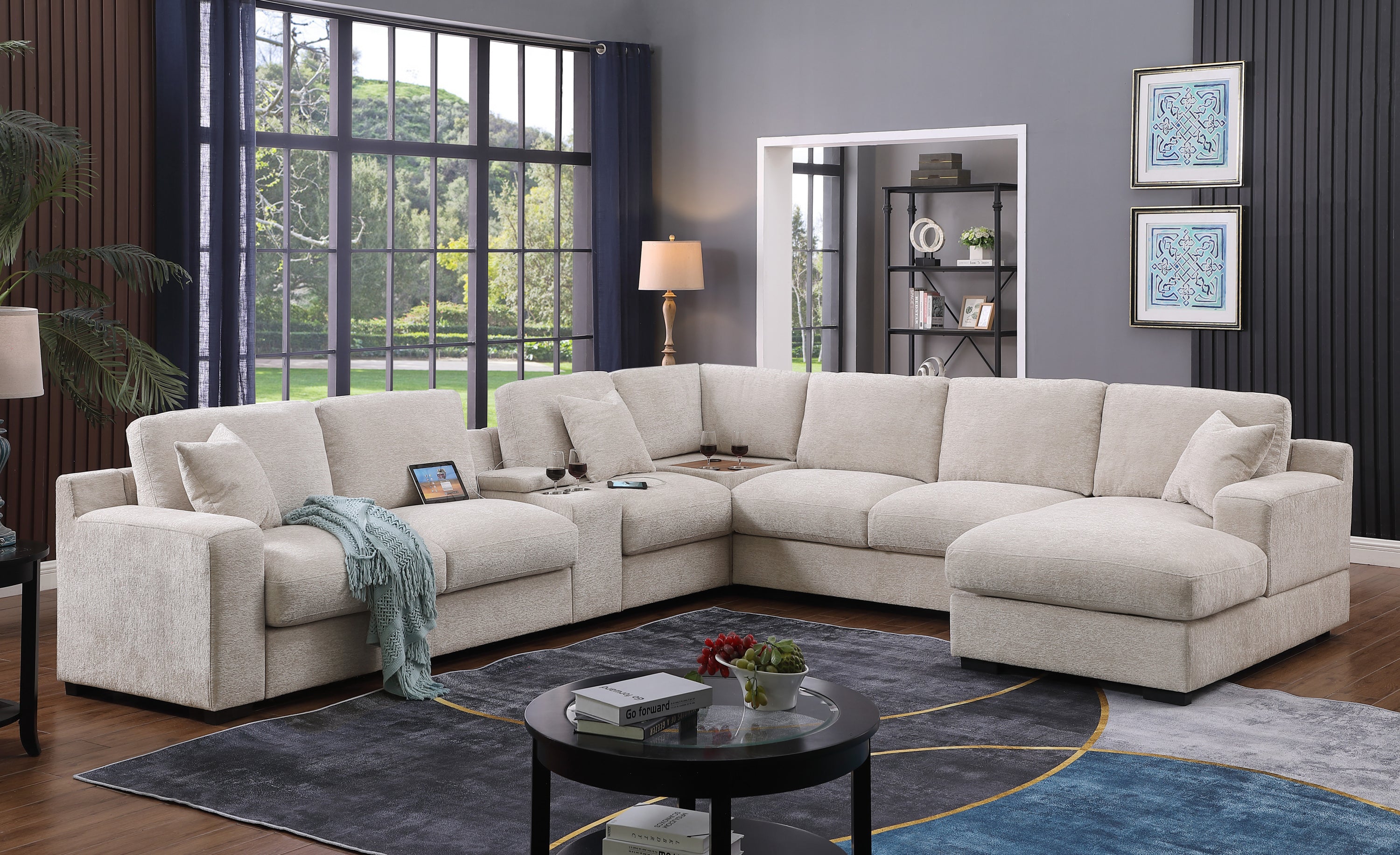 Celine Beige Chenille Corner Sectional Sofa w/ Chaise, USB