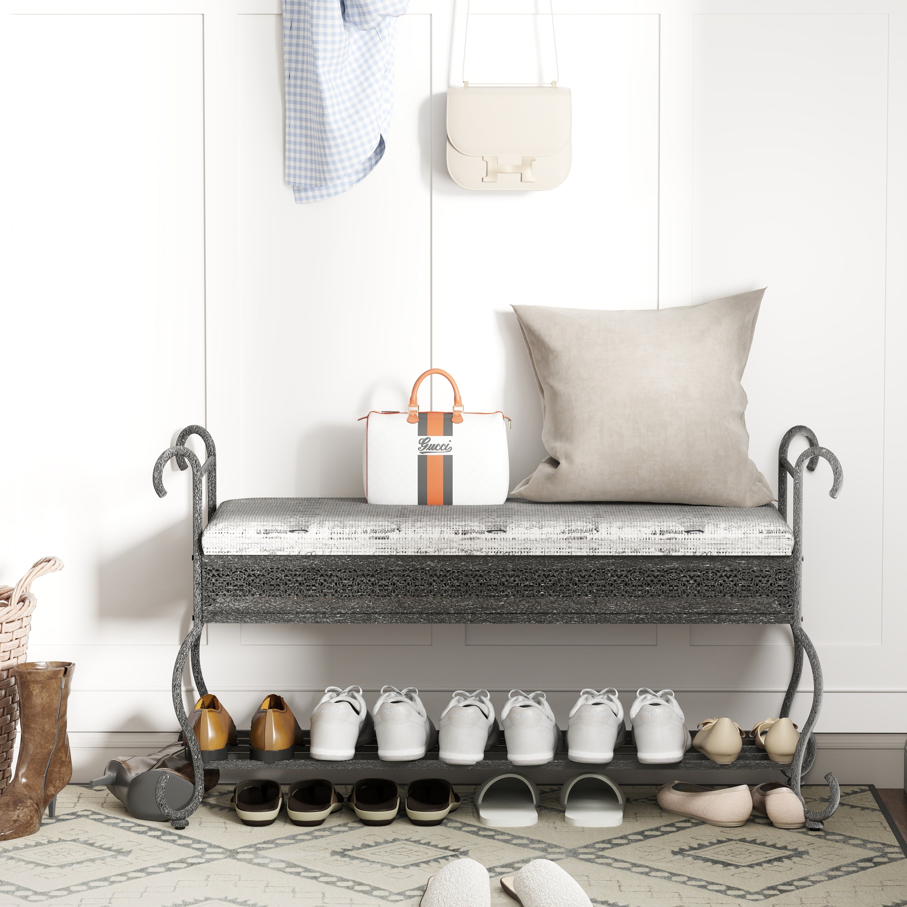 Rustic Upholstered Entryway Shoe Bench & Rack for Small Spaces