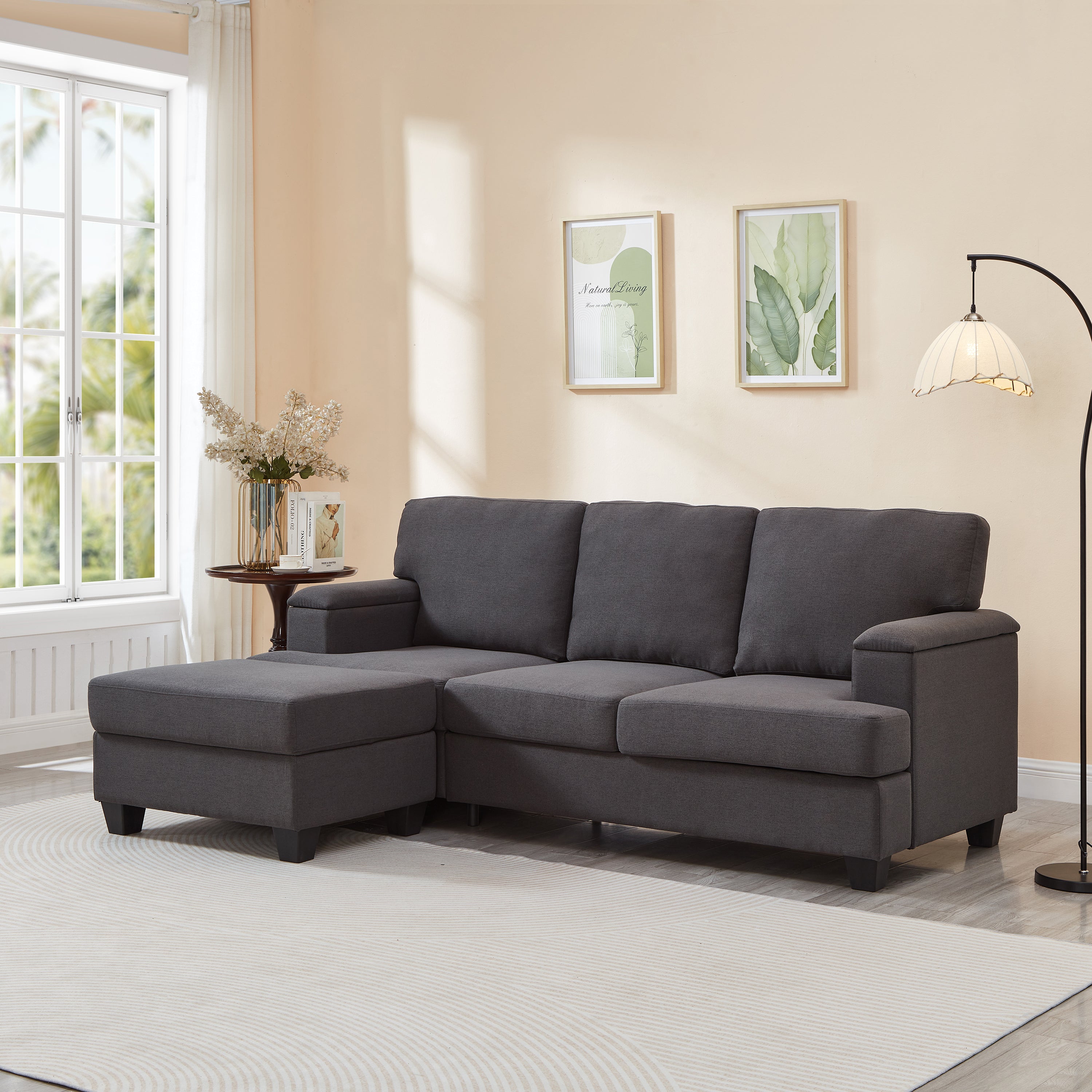 86" Dark Gray L-Shaped Sectional Sofa w/ Ottoman Organizer