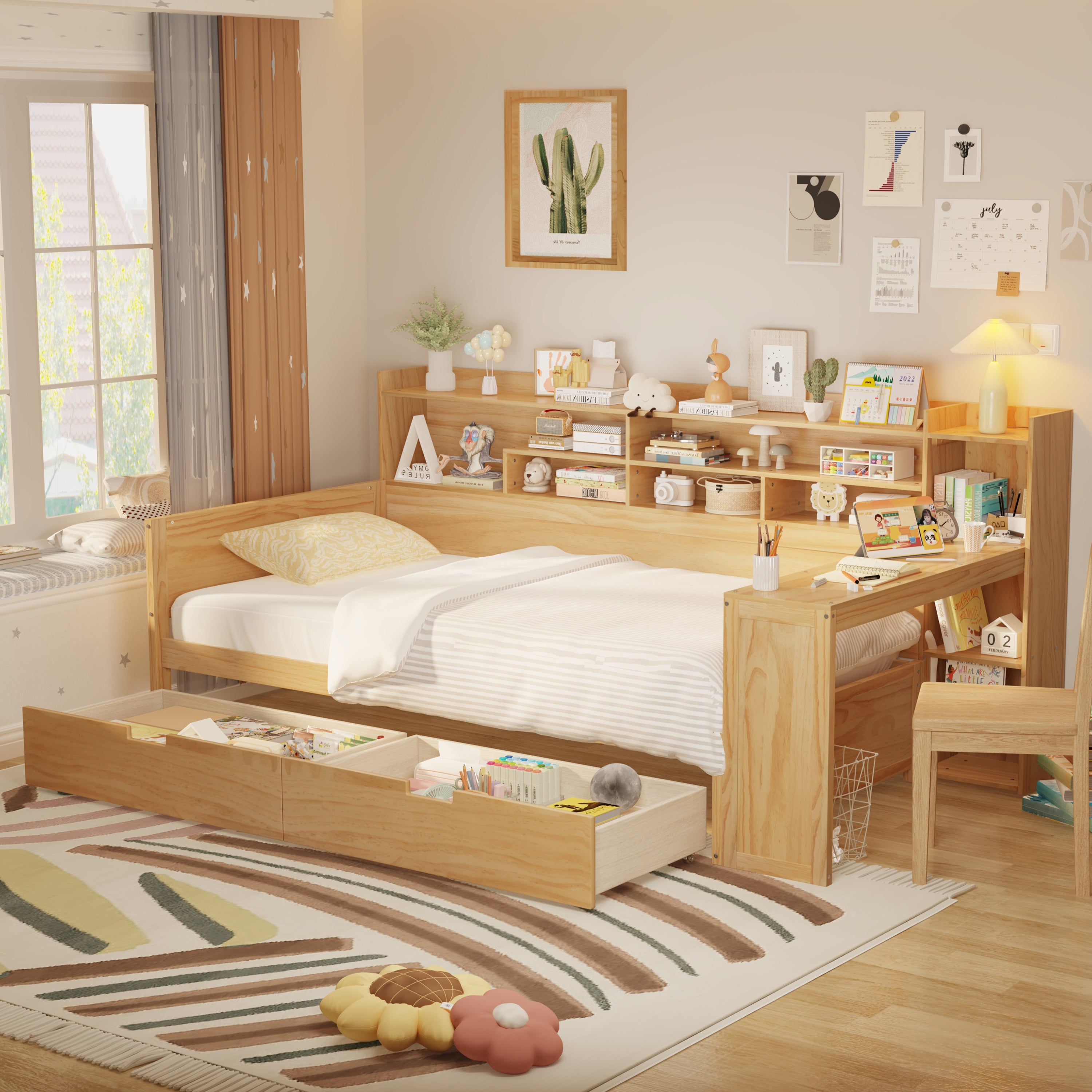 Twin Daybed with Desk, Storage Drawers - Natural Wooden Multi-use