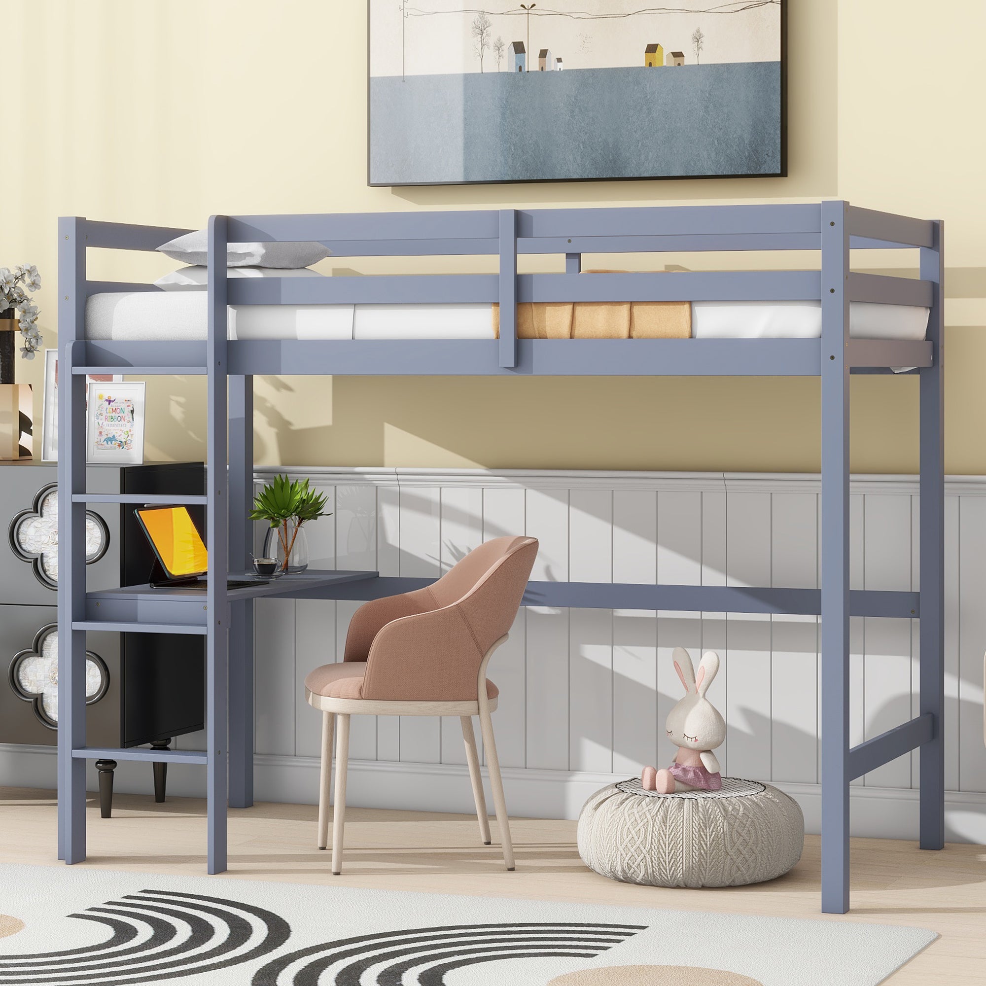 Twin Loft Bed w/ Desk & Guardrail - Grey