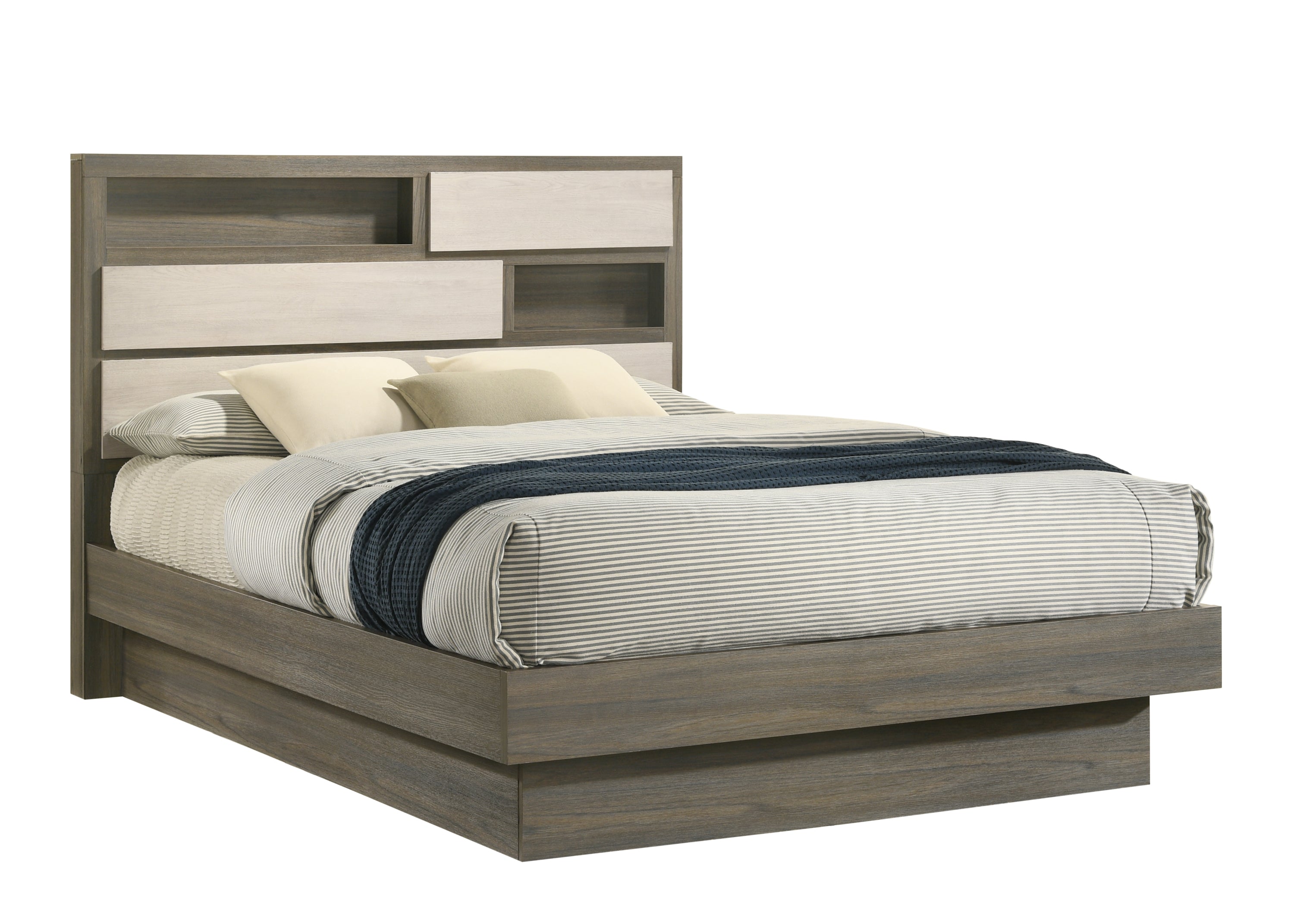 Gem Modern Queen Bed - Wood Frame, Beige & Brown Finish