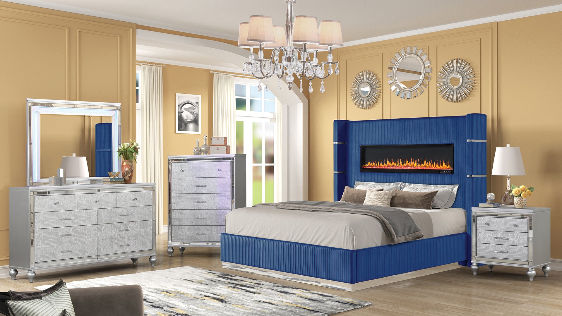 Modern Blue Upholstered Wood King 5-Pc Fireplace Bedroom Set