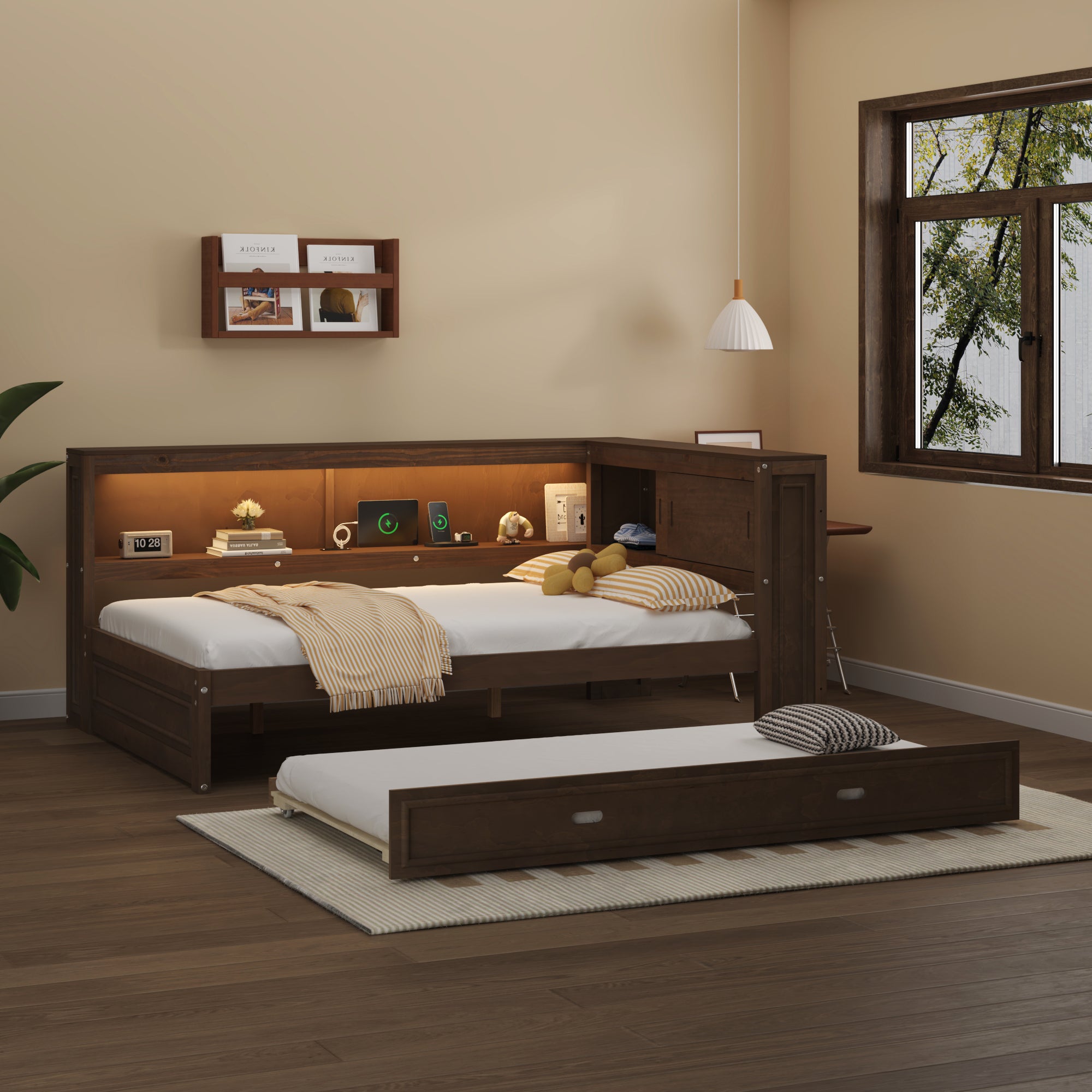 Full Size Wood Daybed: Storage, USB, LED, Trundle - Antique Wood