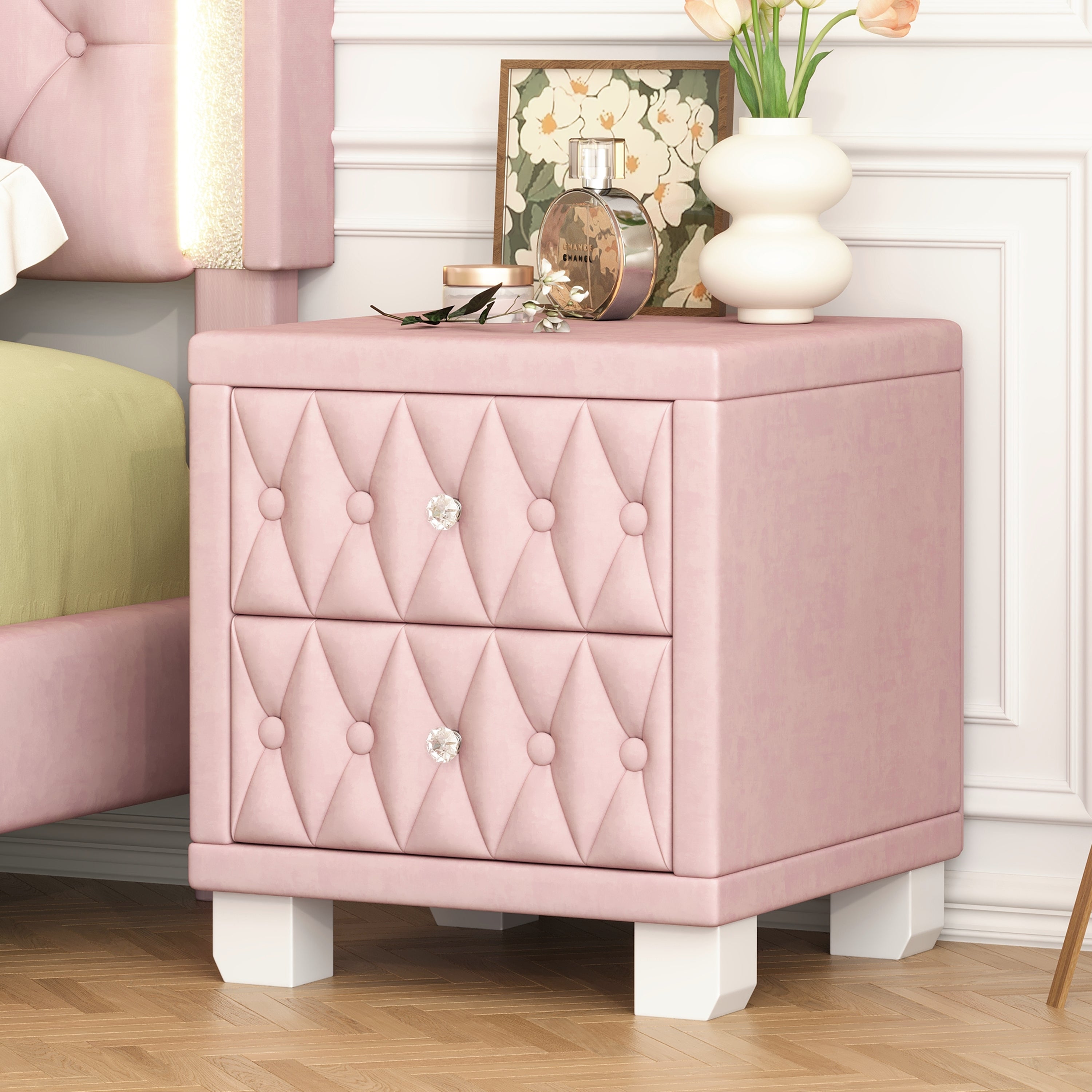 Elegant Pink Velvet Nightstand, 2 Drawers, Crystal Handle, Tufted
