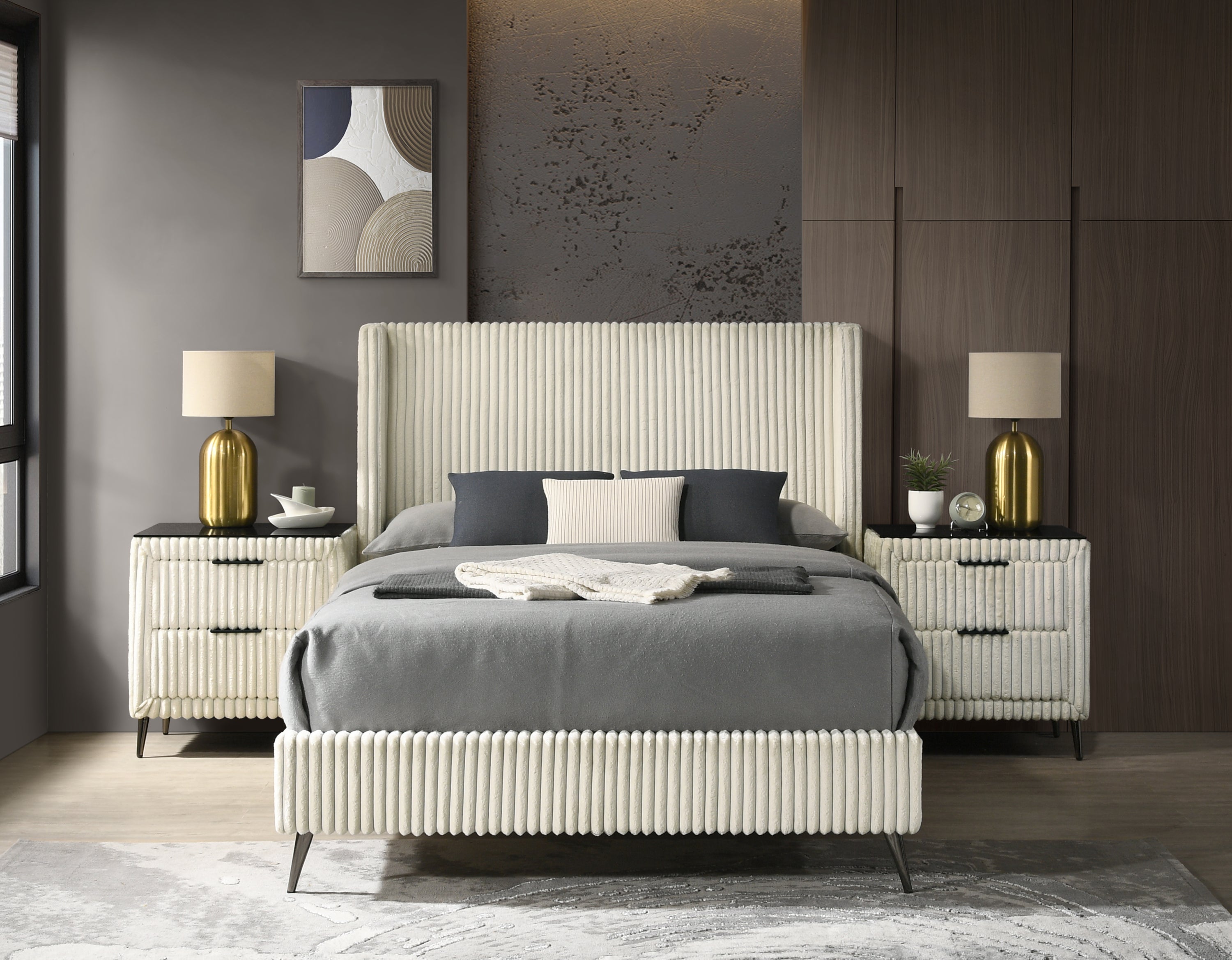 Mavela Queen Corduroy Panel Bed & 2 Nightstands - Cream Upholstery Set