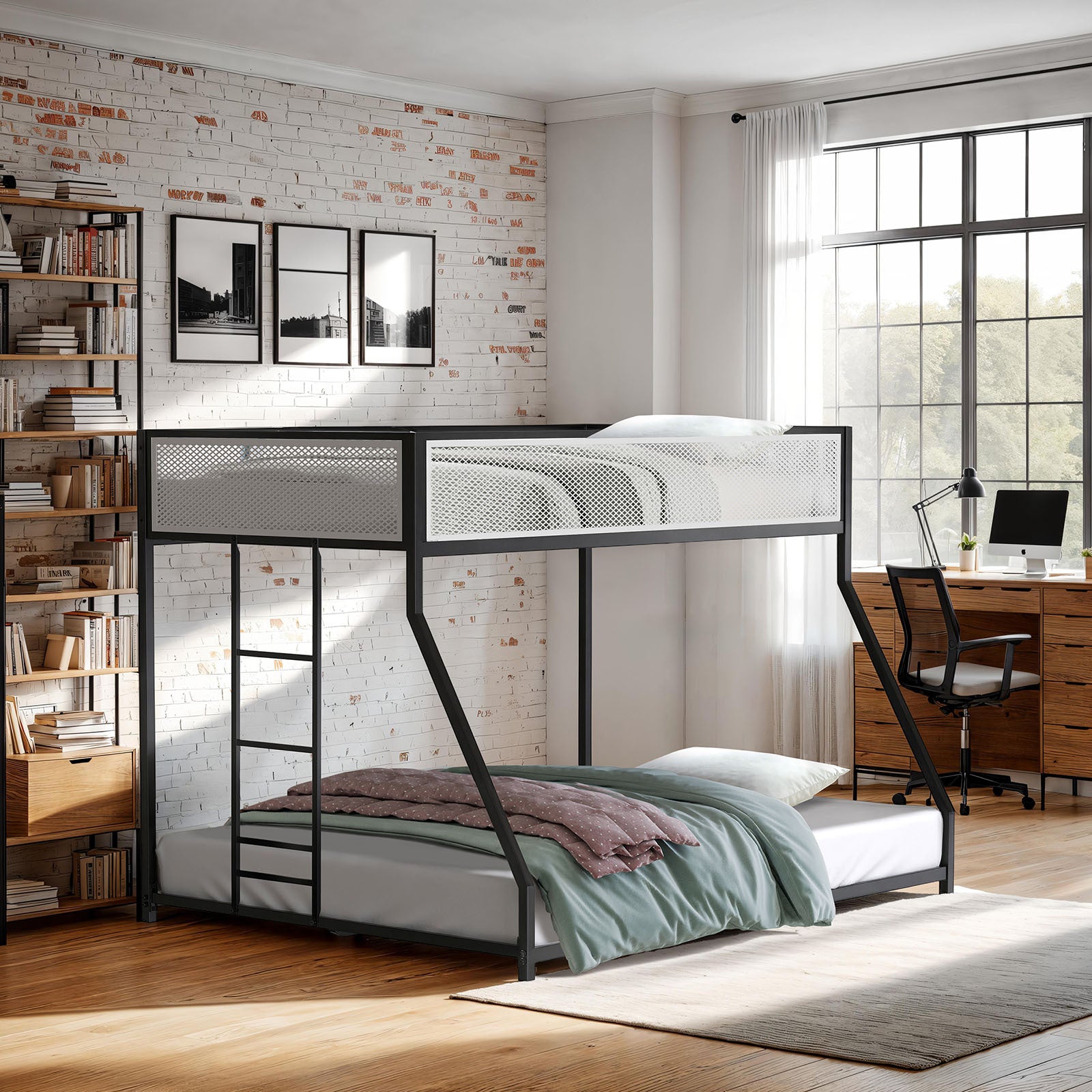 Contemporary Twin Over Full Metal Bunk Bed - Ladder, Black, Mattress Ready
